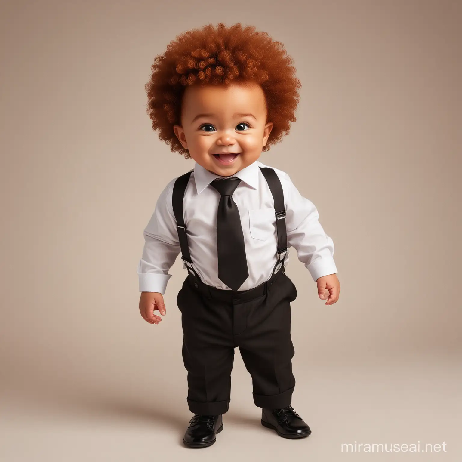 boss baby style, full body photo, 1 year old baby boy, mischievous grin, brow raised, wearing a black suit set with white undershirt and tie, brown skinned, natural red hair small curly afro