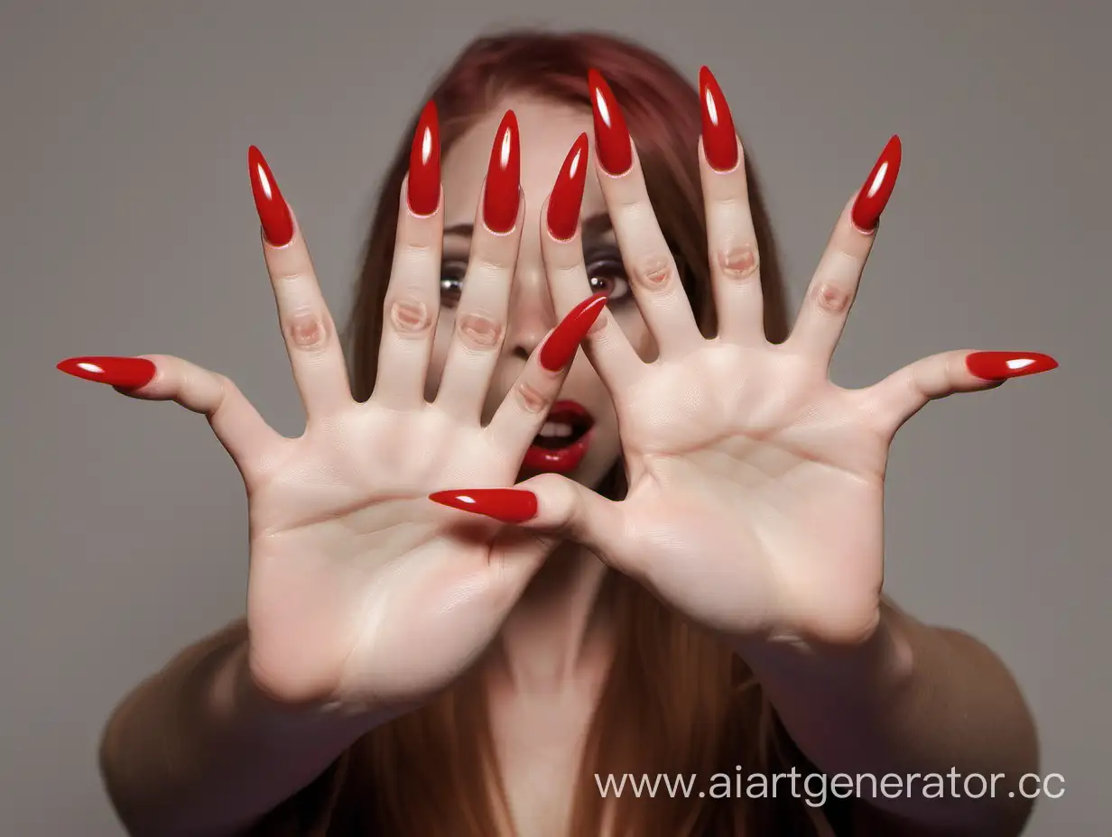 female huge hands with long red fingernails reached out for me