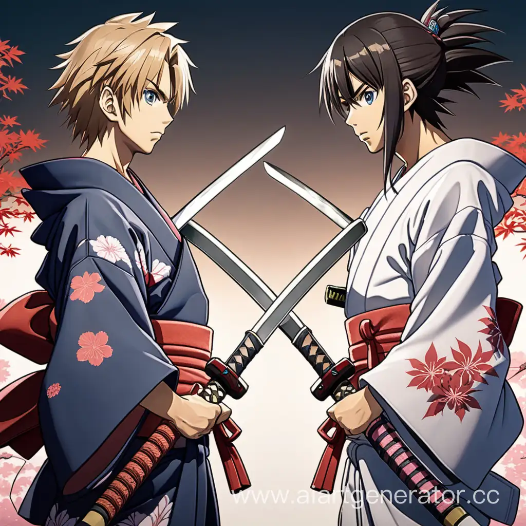Два аниме парня в кимоно стоят друг напротив с катанами