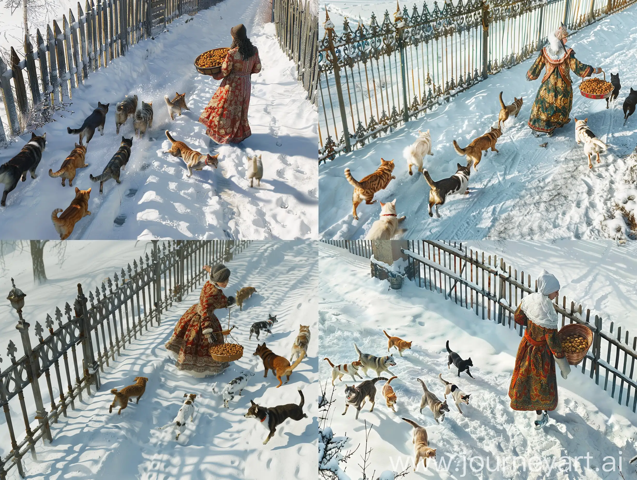 Elegant-Lady-Feeding-Cats-Amid-Snow-with-Dogs-in-Pursuit