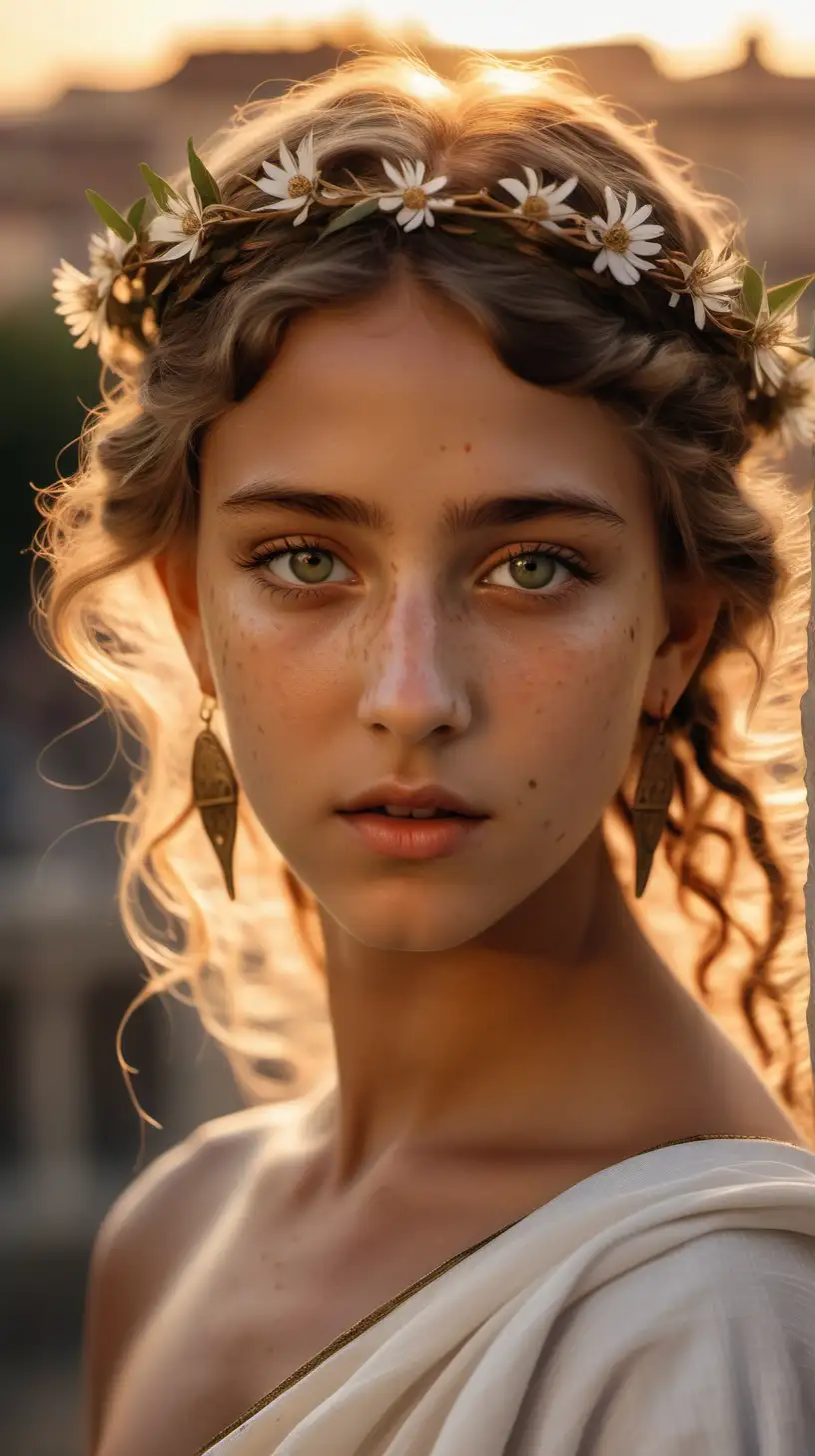  Close-up portrait of a Young girl from ancient Rome. Nymph, dancer, angelic face, perfectly proportioned, features of a unique, unprecedented beauty. Matte and tanned skin, it also has a few freckles. The eyes convey kindness and gentleness. Their olive color gives charm to the whole scene. The soft light of the sunset emphasizes the unique and sensual features. On his head he wears a crown of wildflowers. He wears a white, immaculate, semi-transparent tunic. Earrings and other accessories are made of brass