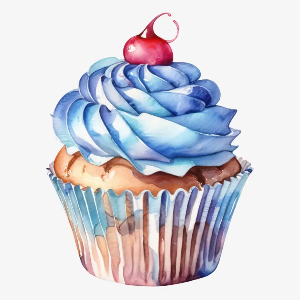 Watercolor styled, single cupcake, blue colored, with no background