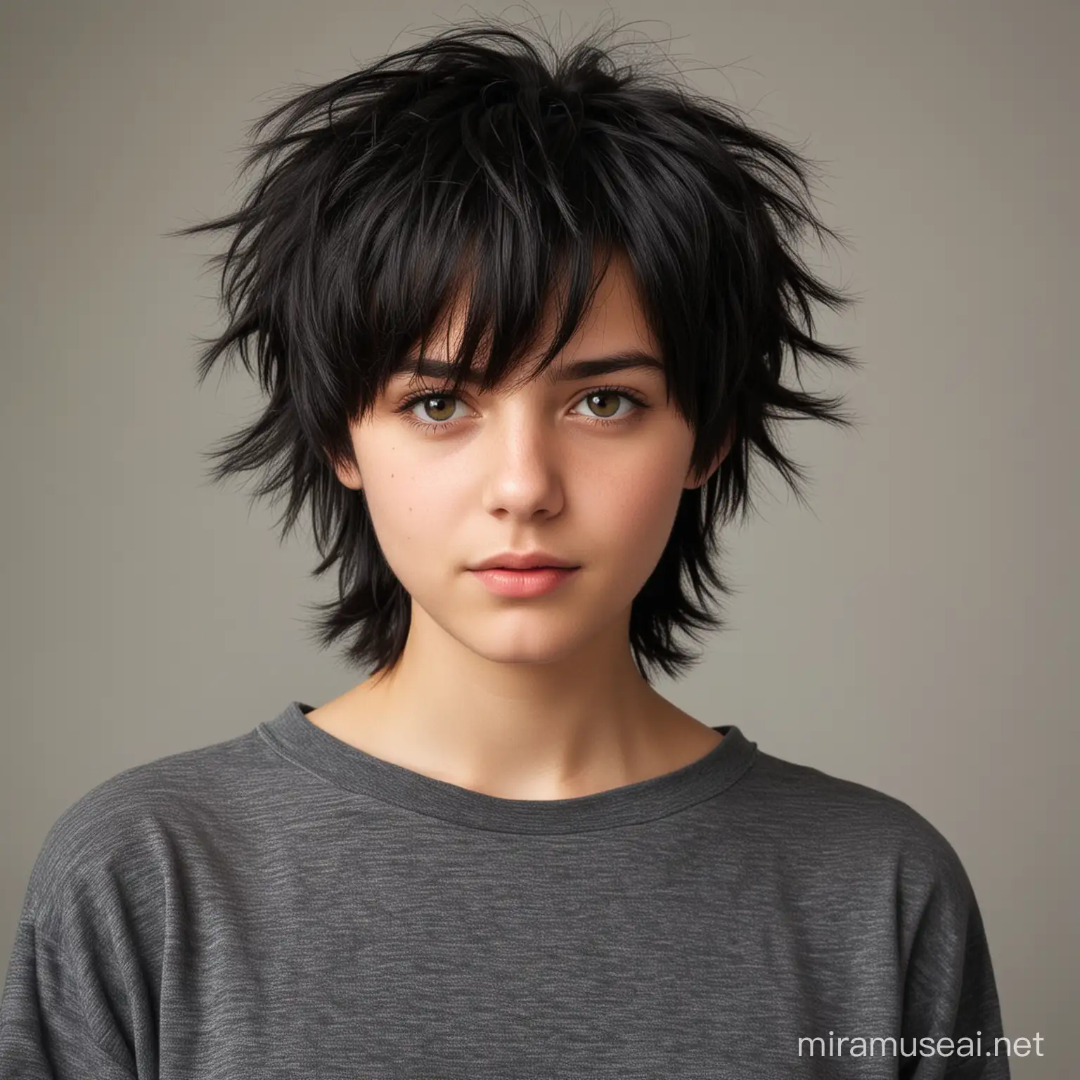 tomboy girl with black shaggy haircut 