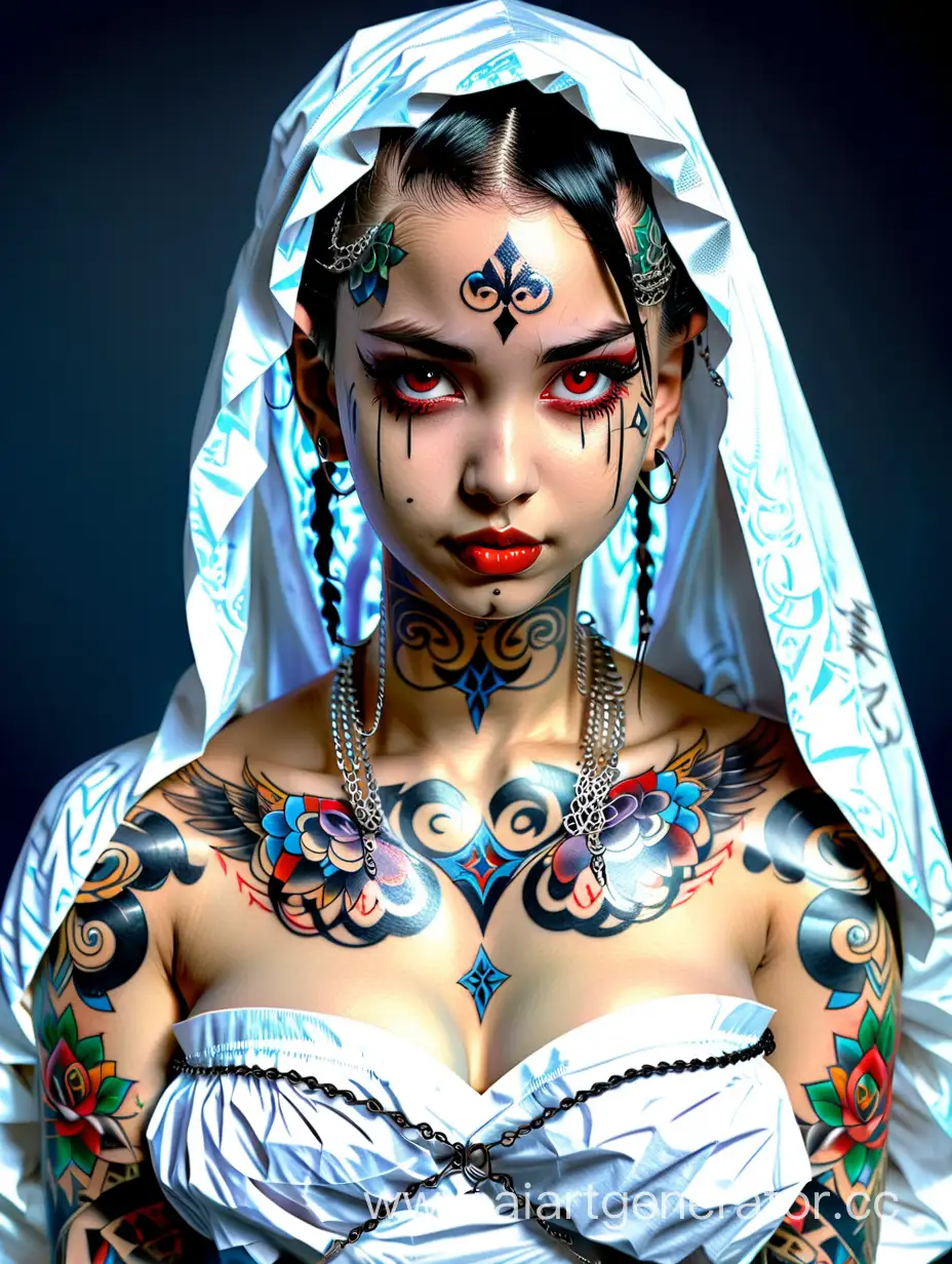 Young Woman, ((17yo)),  Russian, Angel, Beauty Face, Extremely Detailed Face.

(Dancer_Gold_Chain_Veil:1.0), black hair, Pigtails, Braids, Hair Buns, ((vivid red eyes, smirk)), (Long White Skirt) ,(White hood), Detached Sleeves, Cuffs, Jewelry, (Breast_Tattoos), (Elaborate_Chest_Tattoo:1.4) Many Tattoos.
(Small_Blue_Gem_in_Forehead:1.2). 
<lora:64:0.8>