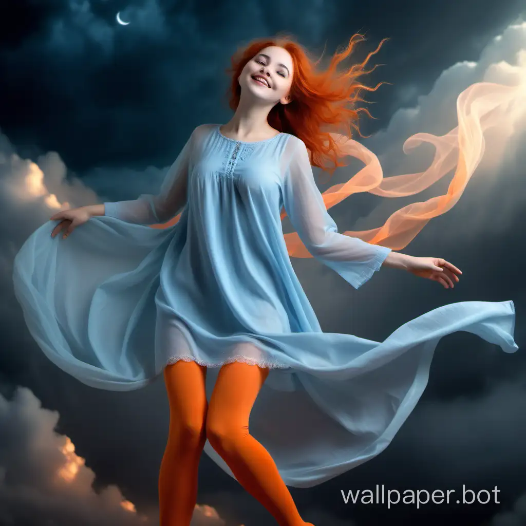 The girl of your dreams stands at full height in a magnificent light blue tunic with delicately orange tights amidst the whirlwind of magical dreams with a mysterious smile