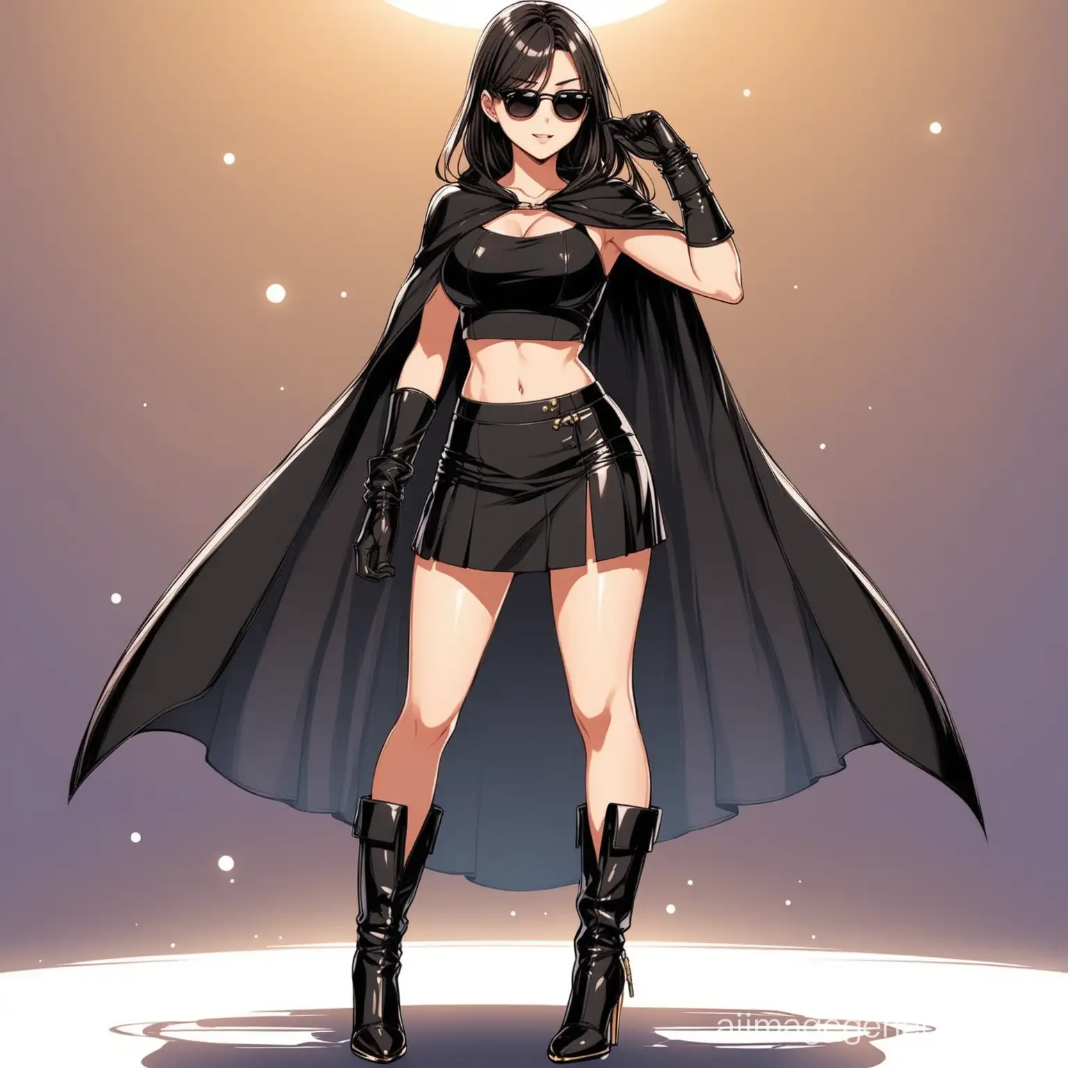 hot anime girl in a cute modern croptop, formal skirt, leather gloves, boots heels and a cape along with a pair of shades