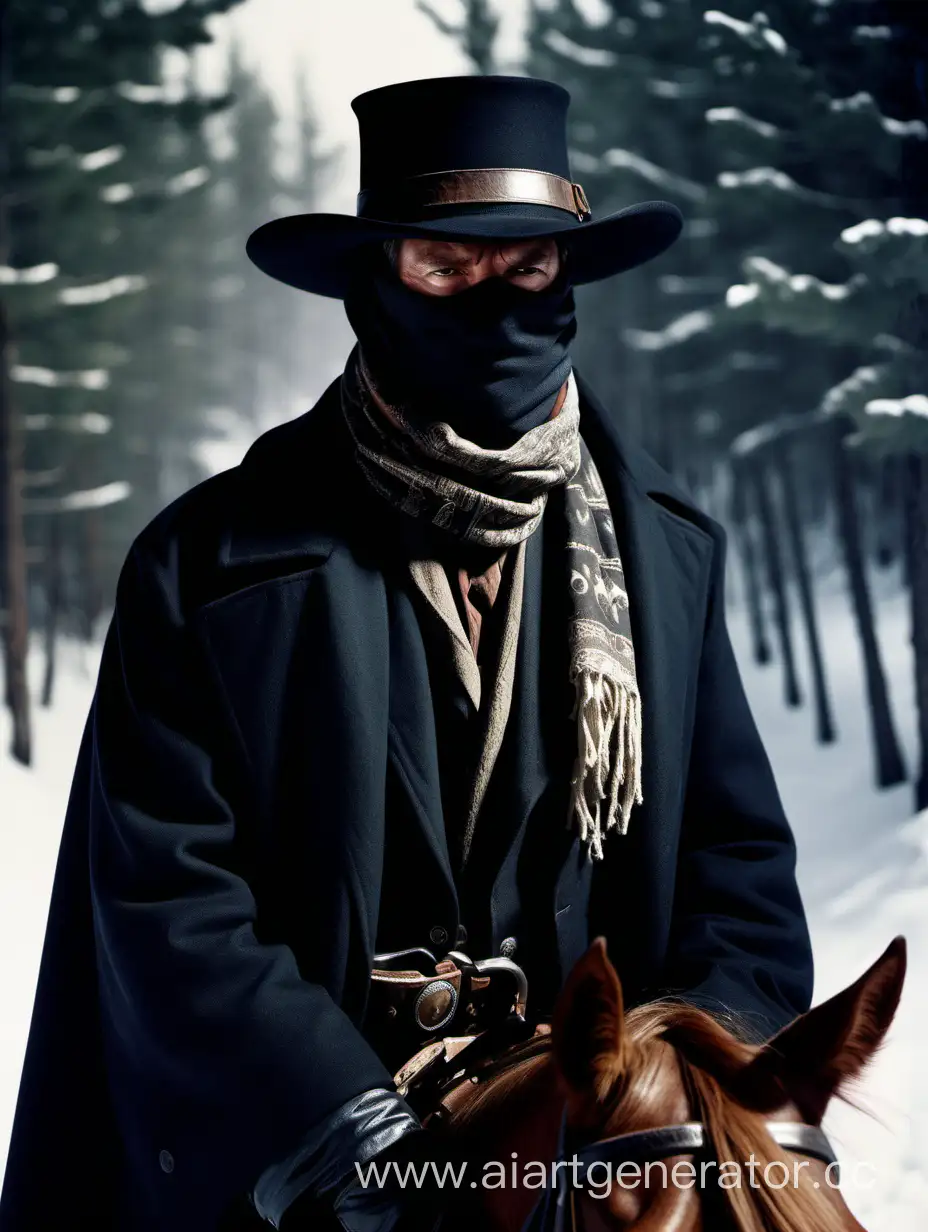 Охотник за головами, в черной шляпе и пальто, лицо закрыто шарфом, тень на лице, 1880 годы, дикий запад, на лошади, ночью, снегопад, в горах