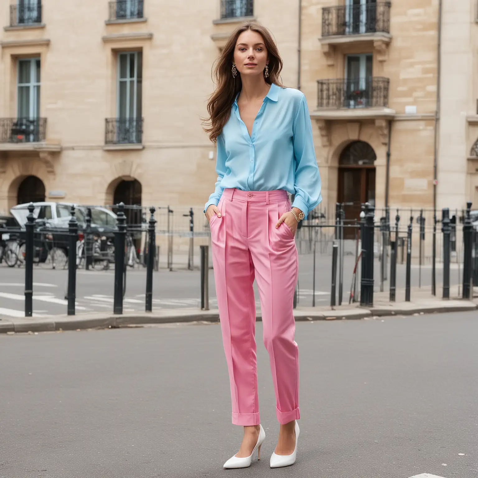 Fashionable Woman in Paris with Vibrant Pink Pants and Light Blue Blouse