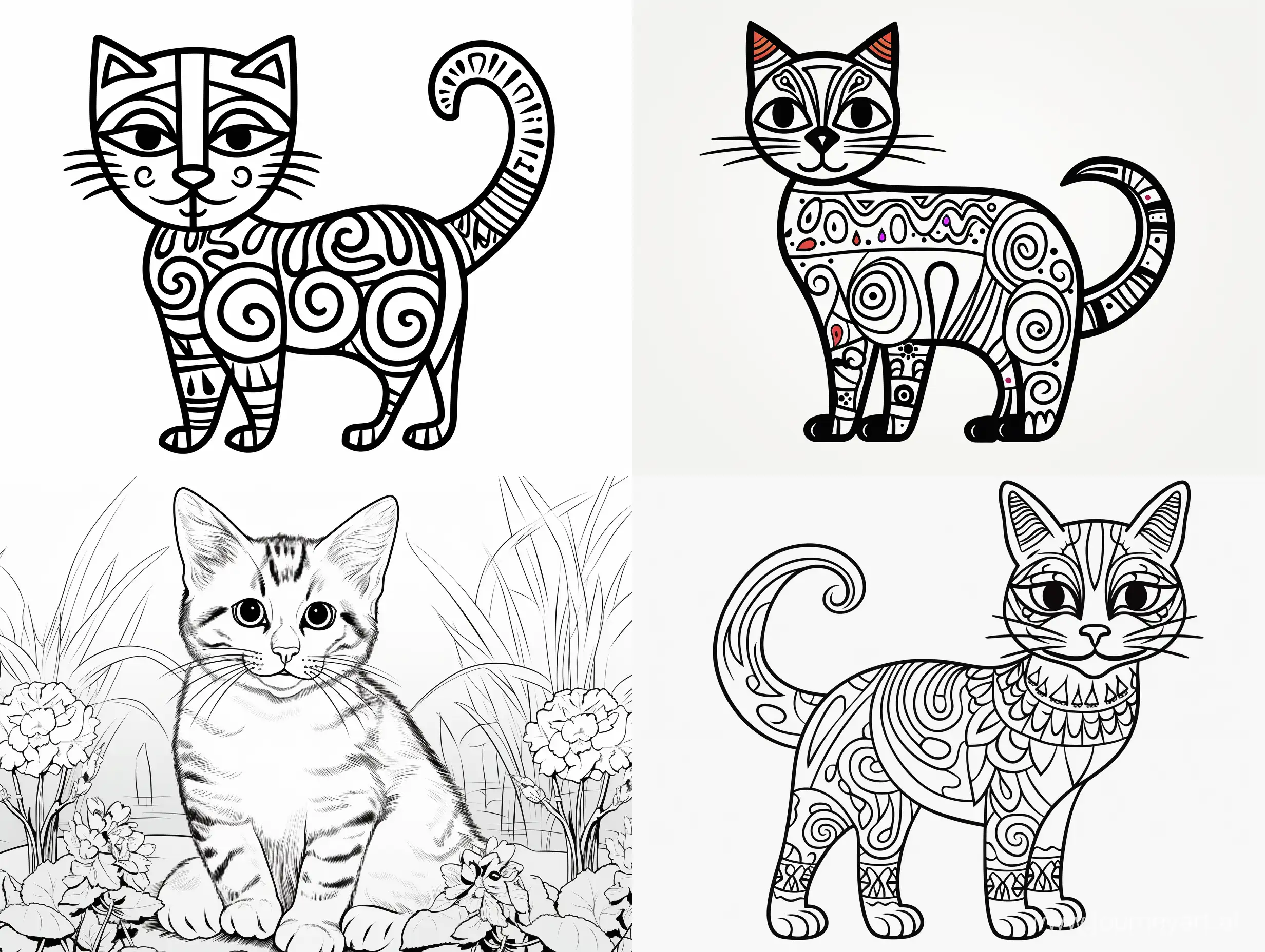 cat image, childrens colouring book, stencil, no background, fine lines, black and white, friendly cartoon, lines only, 50 image
