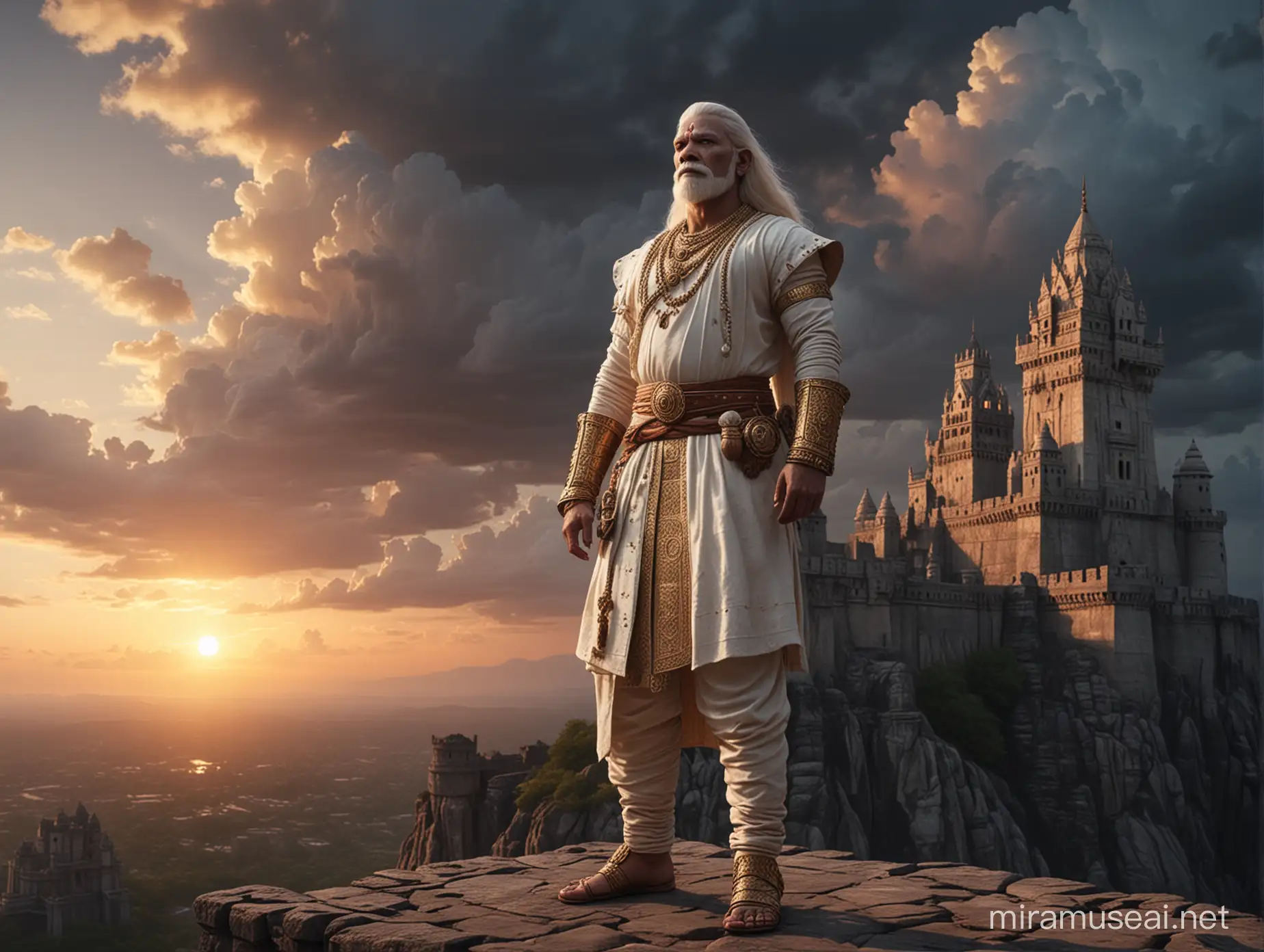 Ancient Indian albino king standing on the edge of the dark castle , wide angle ,spot light , light patches from clouds , cloudy sunset background, realistic lighting, depth of field 4k, --V6