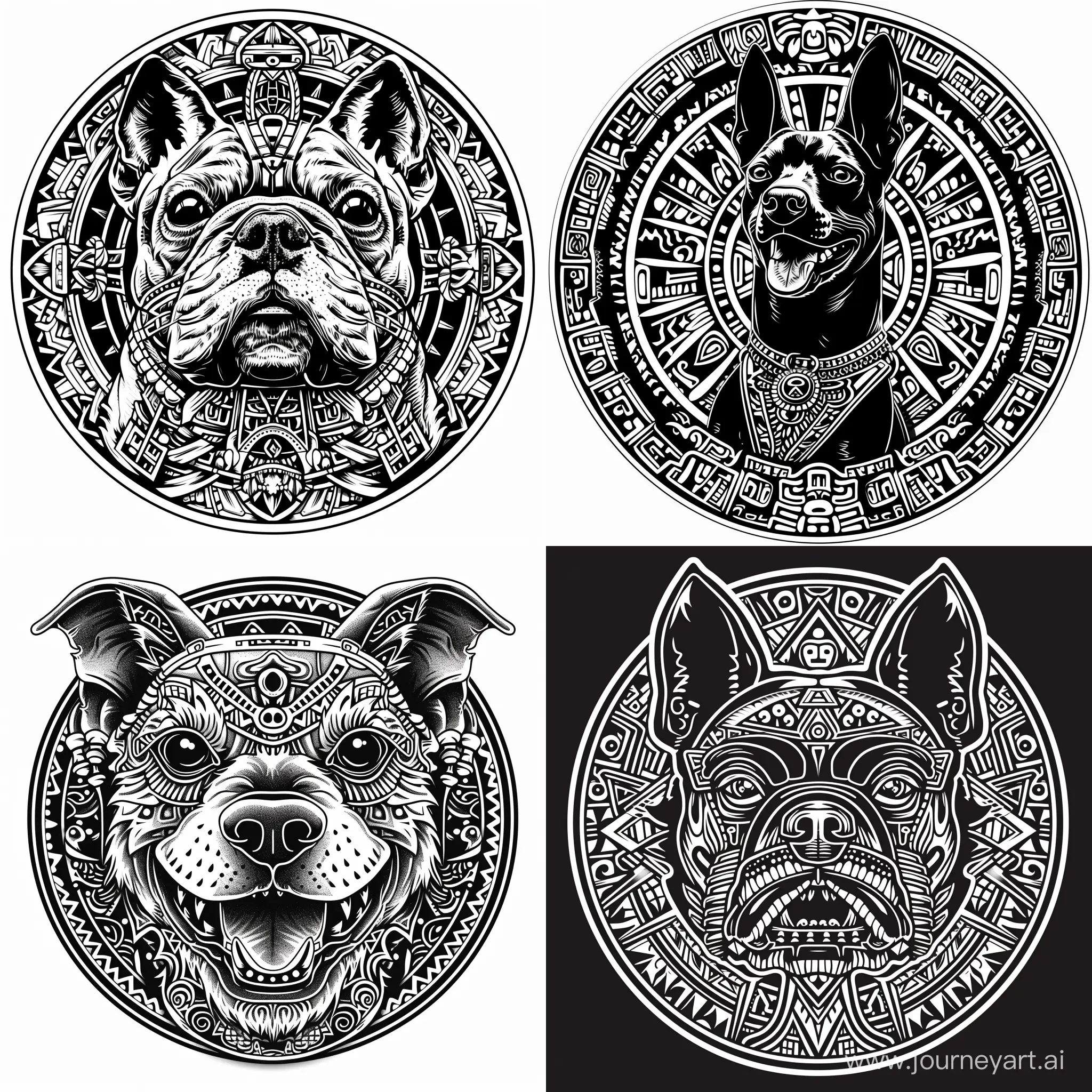 нарисуй плоское черно-белое изображение без теней и полутонов для собачьего медальона размером 22х36 мм в стиле индейцев майя и ацтеков минимум деталей