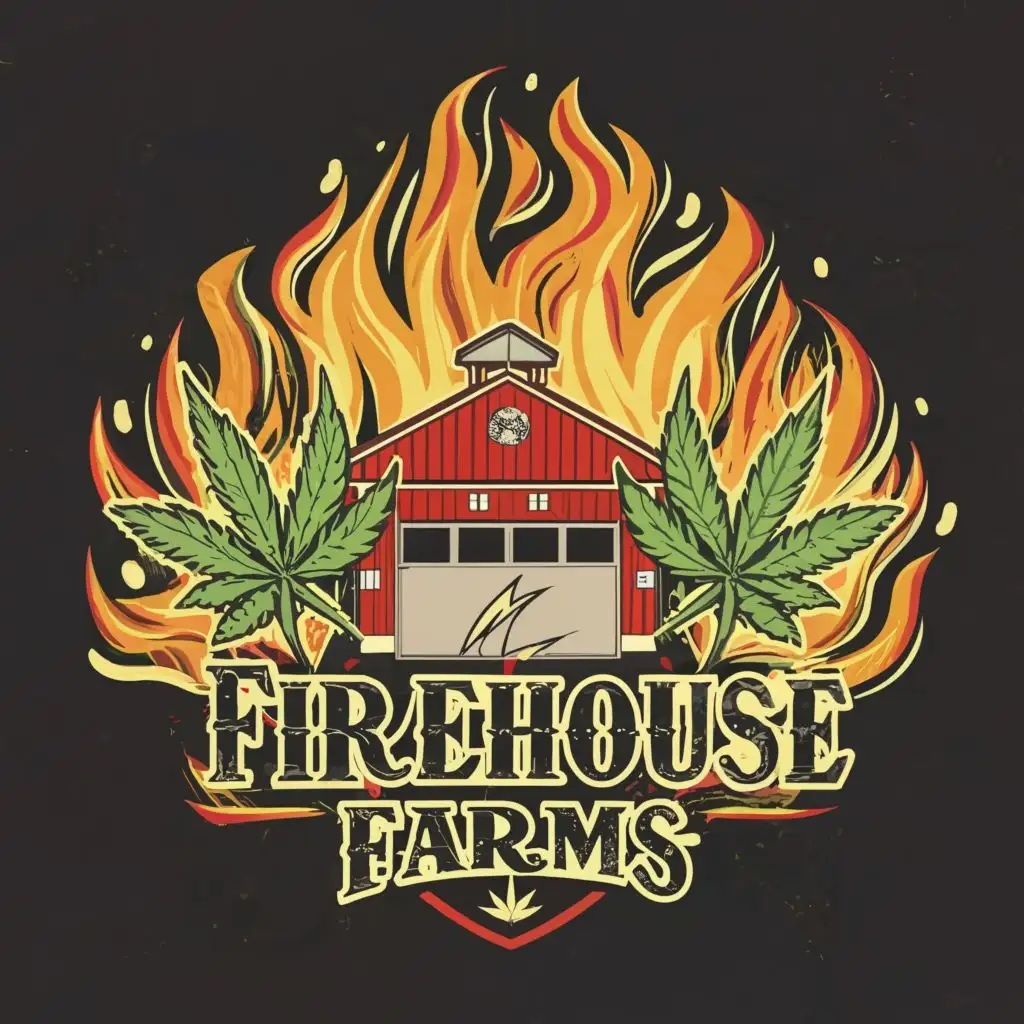 sticker logo , Fire Station Cannabis Leaves Flames Smoke, with the text "Firehouse Farms", typography