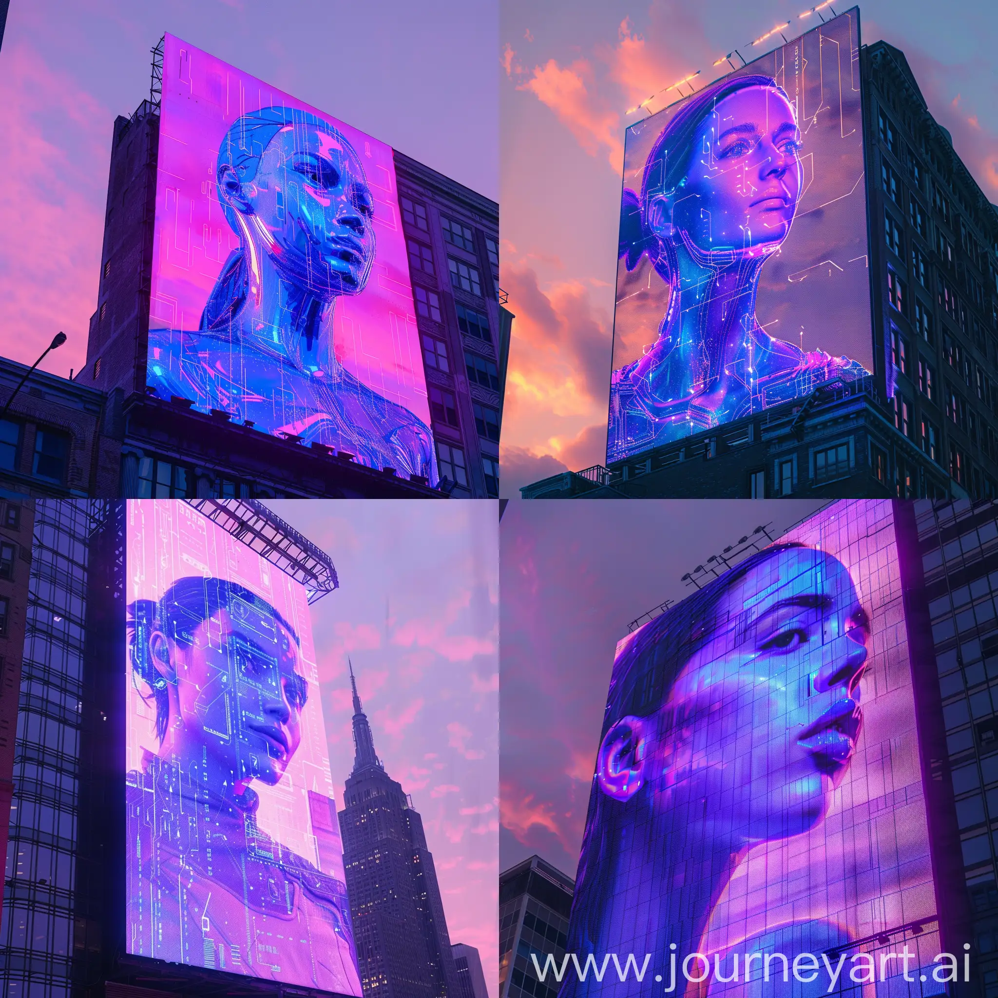 a purple blue holographic digital woman on the billboard building, sunset time, style raw, concept, visuals, futuristic, close up, city, 2049, new york city