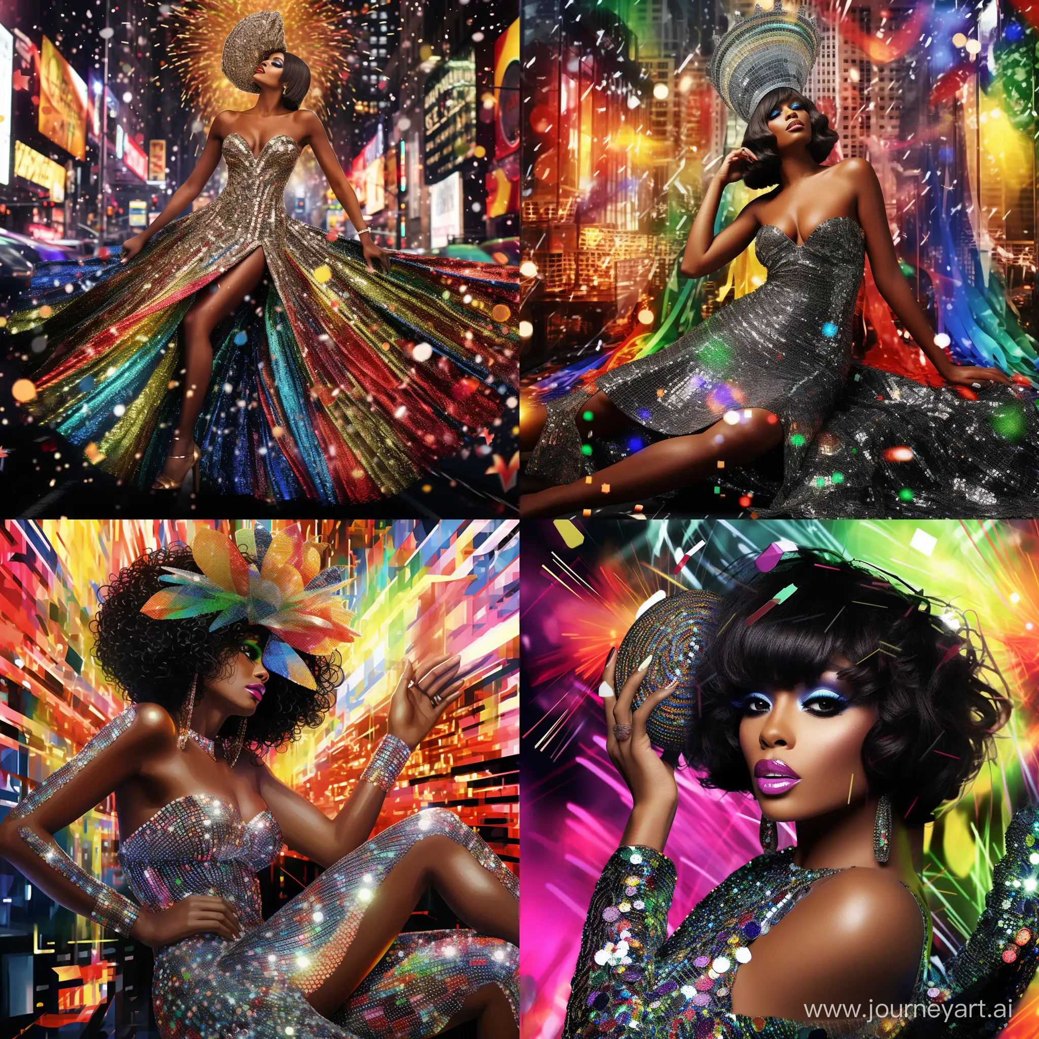 /imagine prompt a hyper realistic image of a beautiful african american woman, she is wearing a neon sequin evening gown, stilettos, jewelry, flawless colorful makeup, black diamonds, designer nails, black hair in a bun with bangs, beautiful background on New Years Eve in Times Square with a Swarovski ball lit up with different colors and a new years hat with 2024
