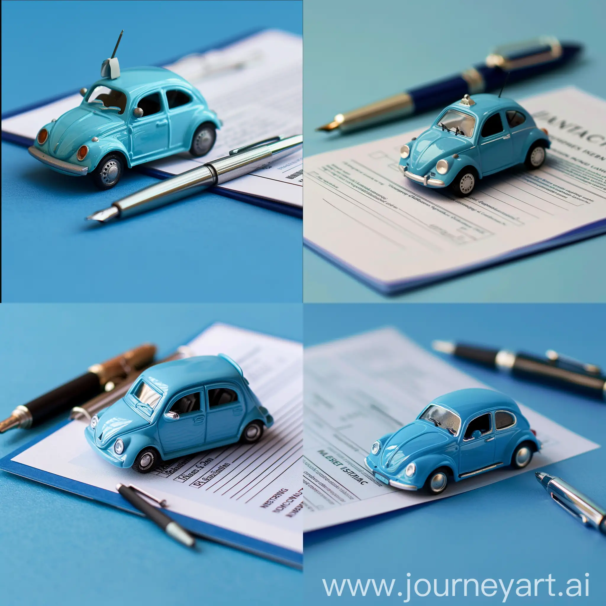 Picture of little blue toy car which is in the middle of again some blue background.Next to the blue toy car i want to have a document  for insurance policy and pen on top on the policy.