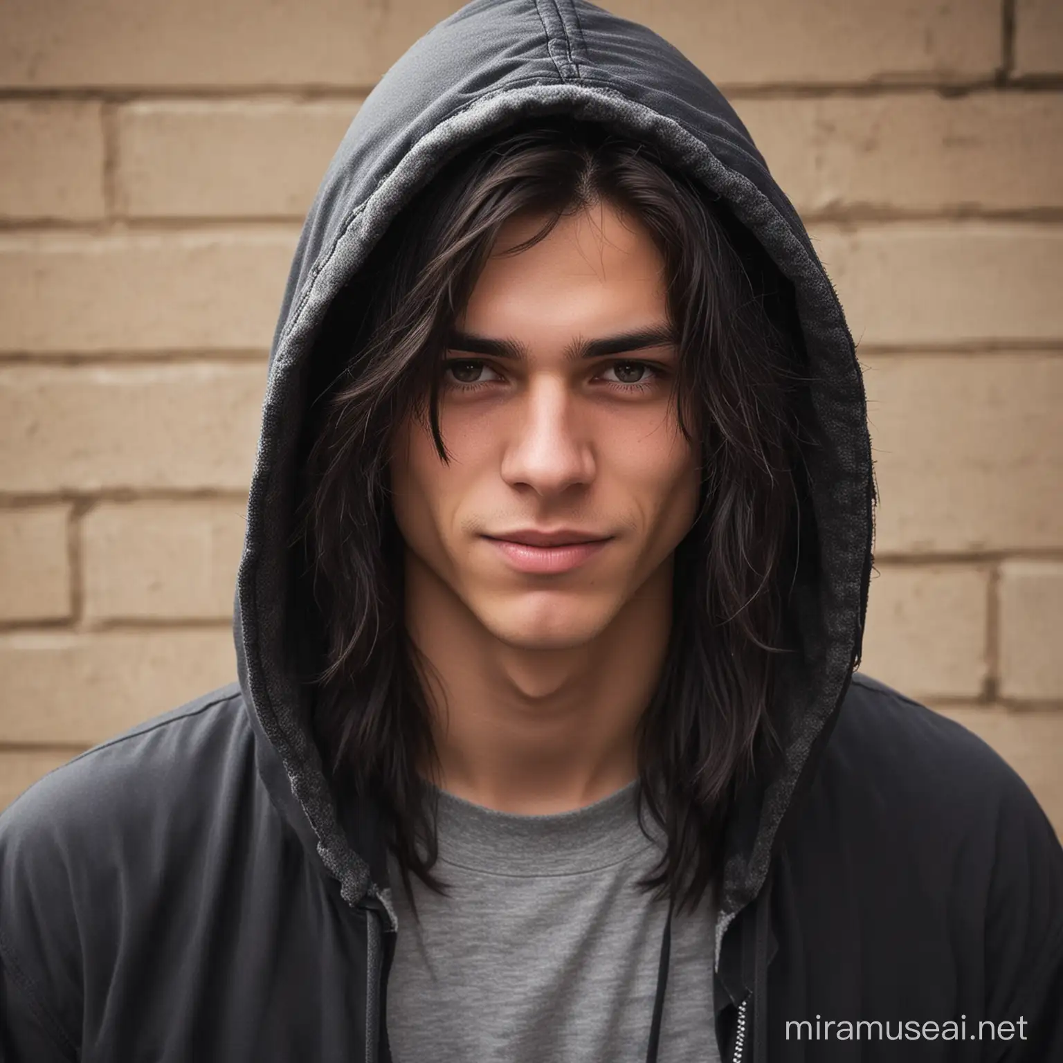 High School New Kid, an Outsider, Mysterious and Roguish, He definitely has secrets, His hood obscures his face partially but you can see his mysterious smirk and his long dark hair partially covering one side of his face