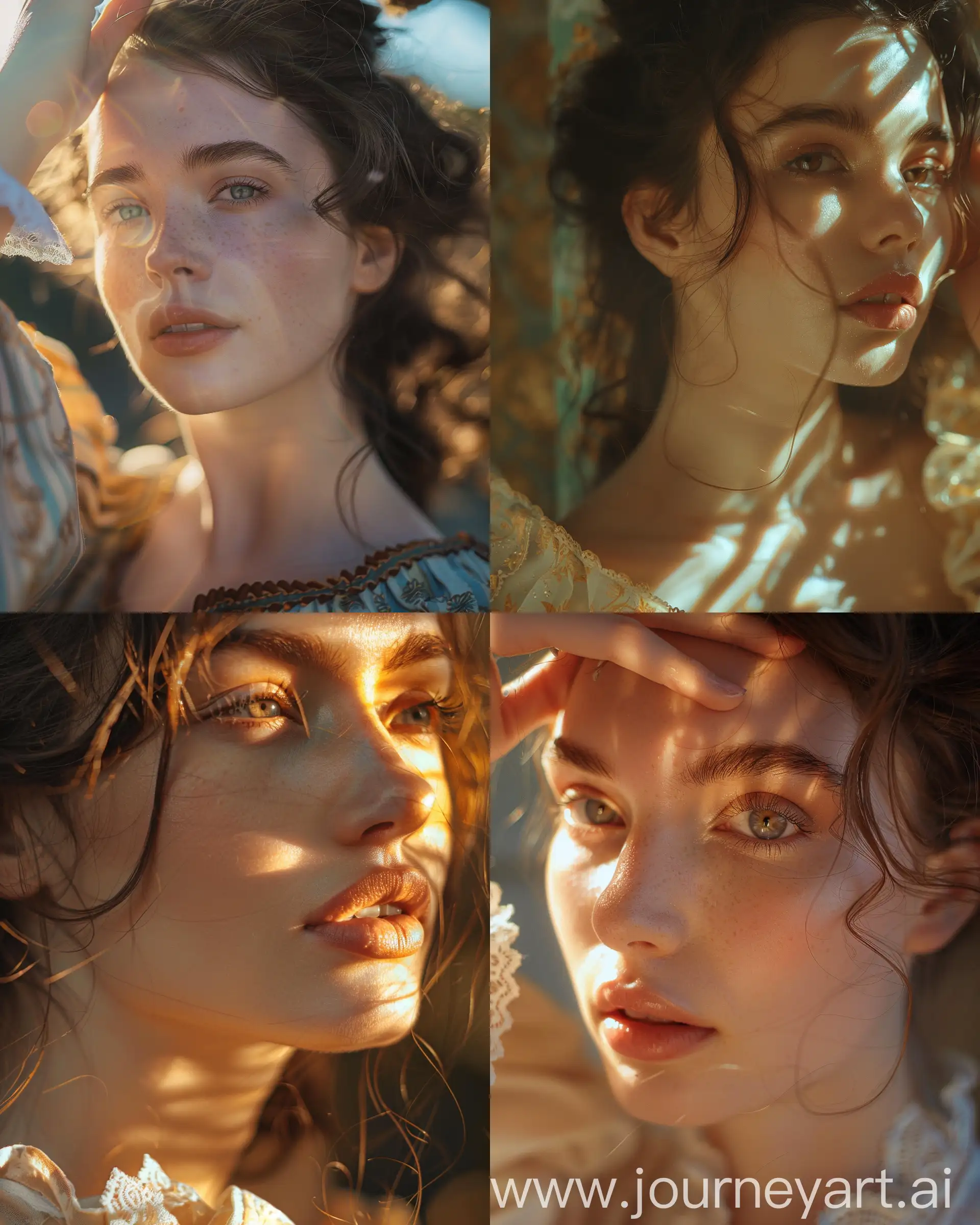 A close-up of a beautiful woman from the 1700s in the morning, sunlight touching her eyes fujifilm gfx 50s --v 6 --ar 16:20 