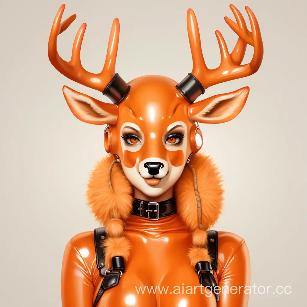 Латексная девушка фурри олень с оранжевой латексной кожей с мордой оленя вместо лица изображение сделать в милой стилистике