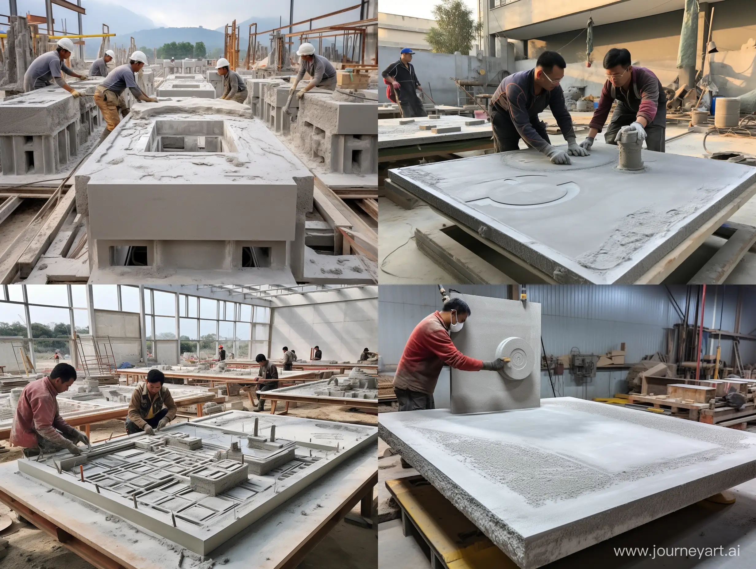 workers at the factory make concrete slabs for panel houses