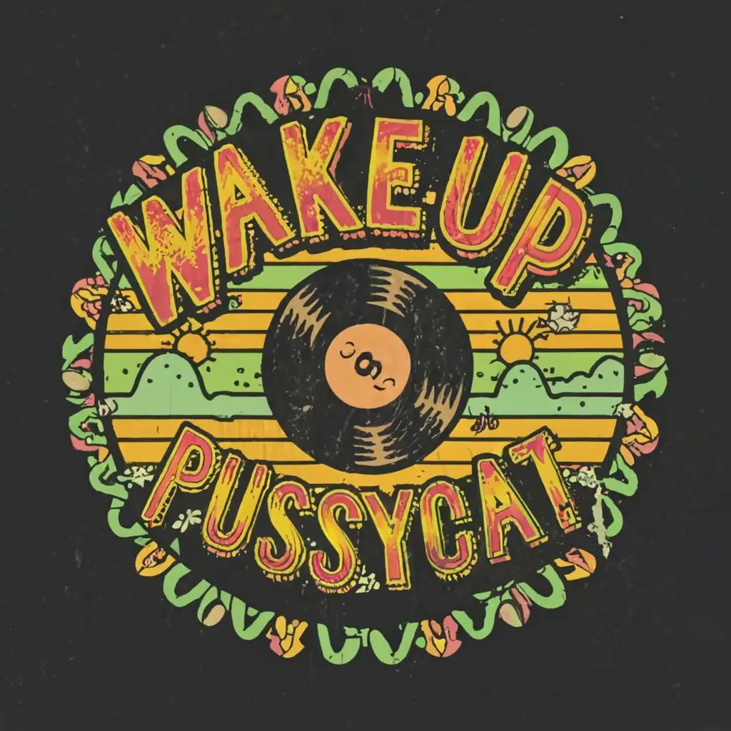 a logo design,with the text "Wake Up, Pussycat!", main symbol:vinyl record as a sunrise, green, yellow, orange,complex,clear background