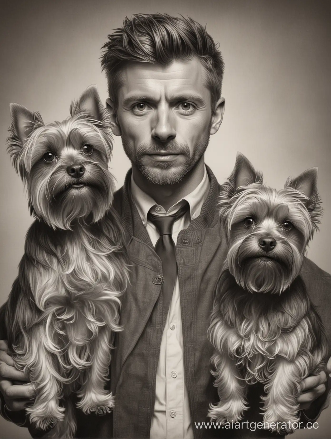 Нарисуй в стиле реалистичного рисунка мужчину с двумя йорками собаками