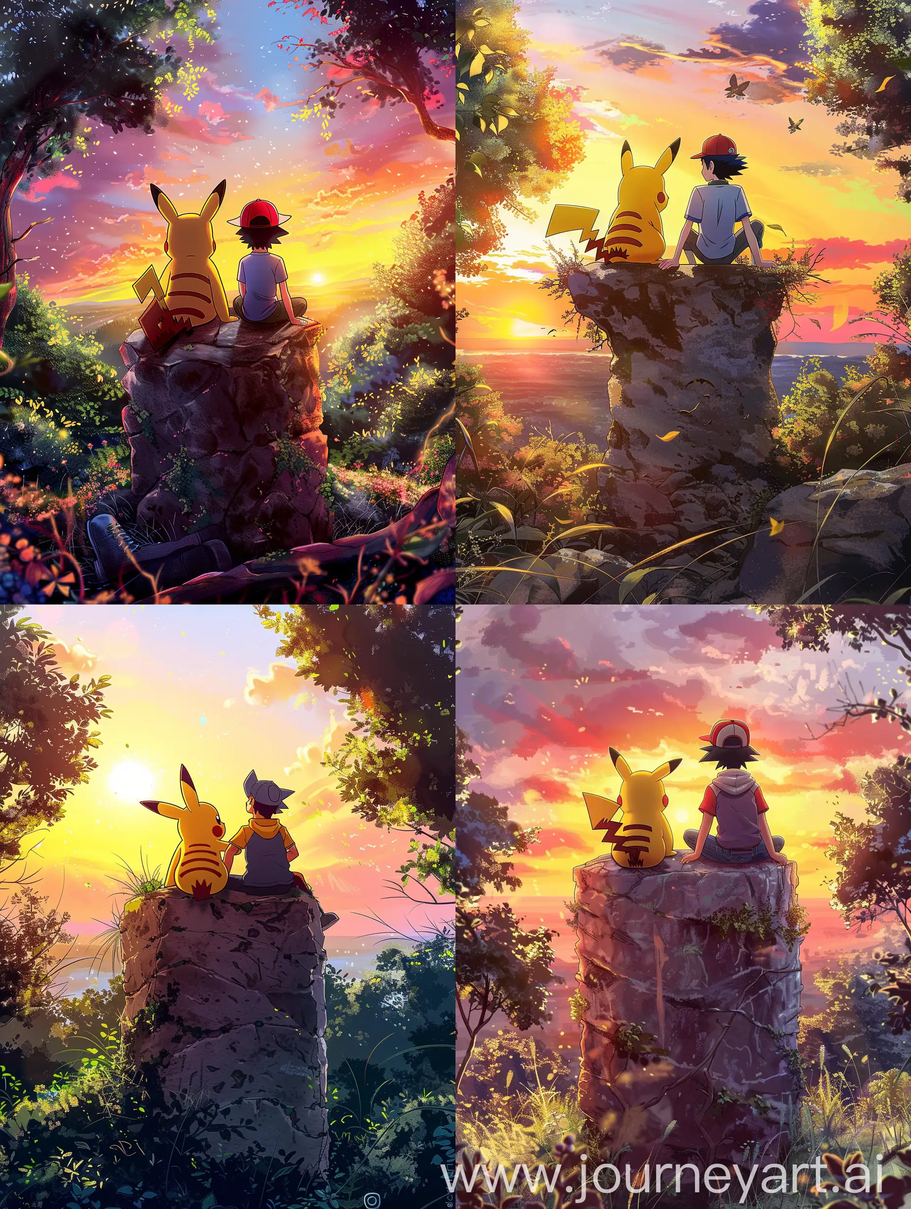 Pikachu and ash ketchum form the Pokemon anime series sitting on a rock pillar viewing sunset,make some trees around,a little bit of grass,beautiful summers,beautiful anime style,makato shinkai style,avoid bad view pikachu and ash ketchum,avoid distorted view of pikachu and ash ketchum,avoid missing fingers,perfection,back view,best and perfect view