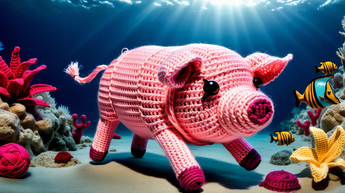 A pig made of crochet, snorkeling in the ocean. Other animals and plants made by crochet. The underwater world.
