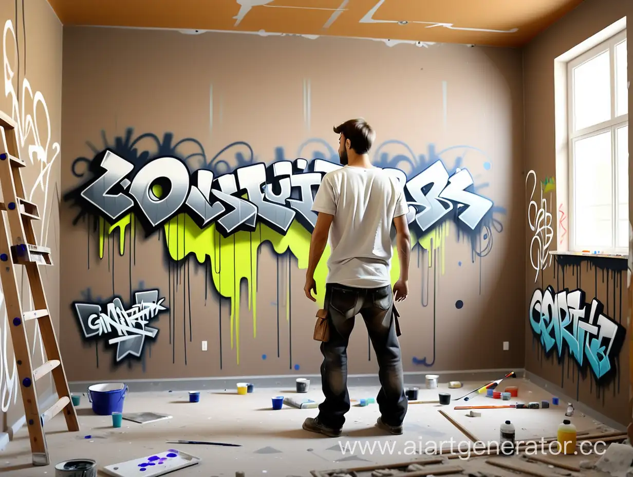 Парень собирается рисовать граффити на стройке , внутри комнаты, но на стене нечего не написано. Парень стоит с левого края.