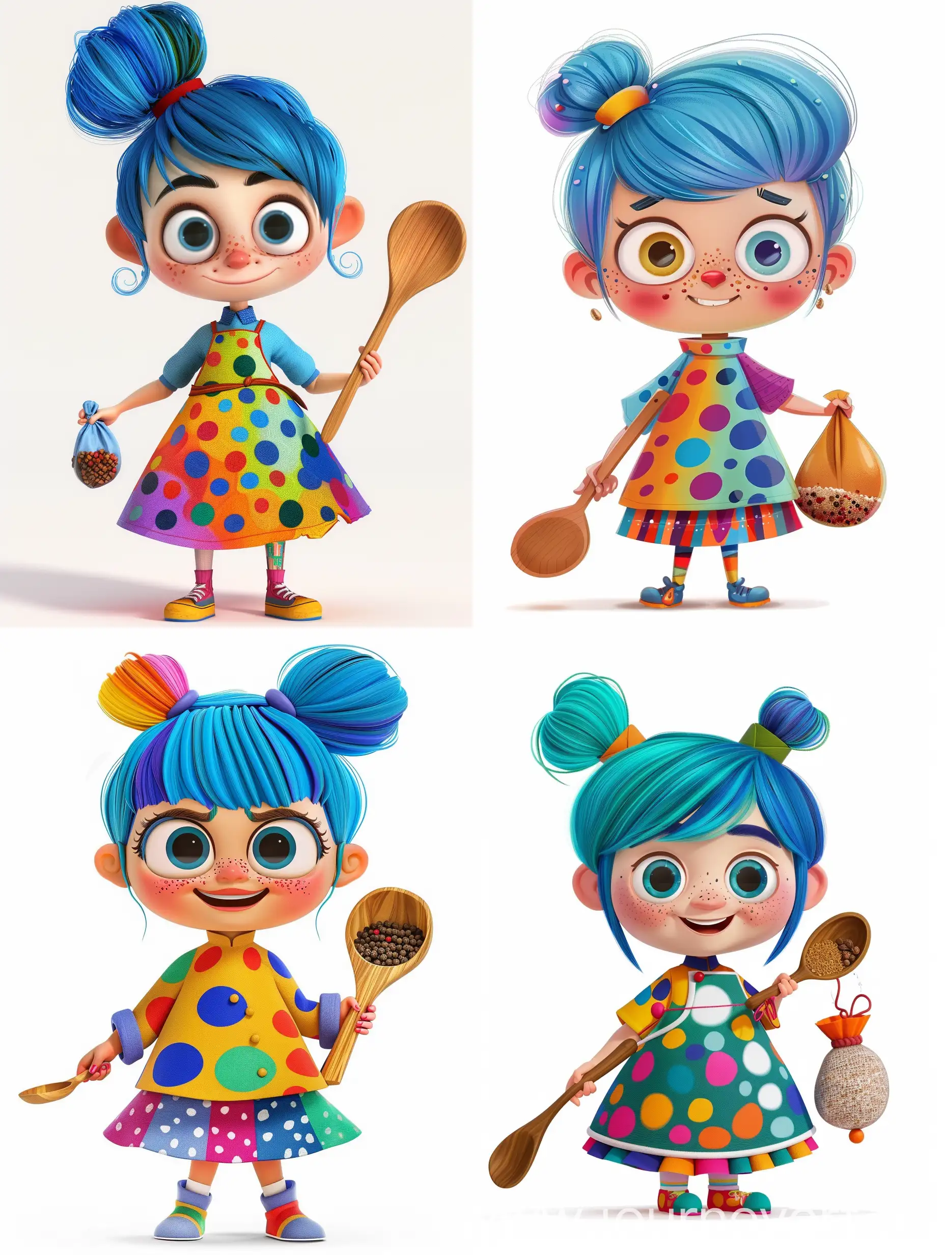 A 2D cartoon character named Chef Patty is an energetic cook with bright blue hair, always tied in a bun. Wearing a colorful chef's smock with lots of colorful spots. Her big, sparkling eyes are full of enthusiasm.

Chef Patty always has a wooden spoon cooking in her hand, ready for action at a moment's notice. She always has a wide smile on her face and her cheeks are slightly flushed from the heat of the kitchen. It has a characteristic pepper and salt bag from which it can always conjure magical spices.

Her dressing style is a mix of colorful aprons and skirts, always suited to a given day and mood. Chef Patty is not only a culinary master, but also able to make everyone laugh with her positive approach to life. Her slogan is: "Life is like soup - the more love you add, the better the dish becomes!"