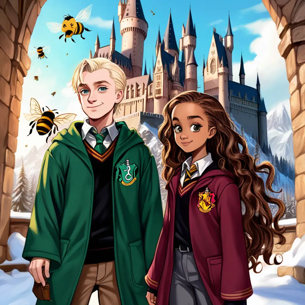 Sunny day, winter time, Hogwarts castle, Draco Malfoy frowning, wearing Slytherin clothes, Hermione Granger smiling, with dark curly long hair, wearing Gryffindor clothes, back-to-back, in front of castle, bees flying over their heads, in a Disney style
