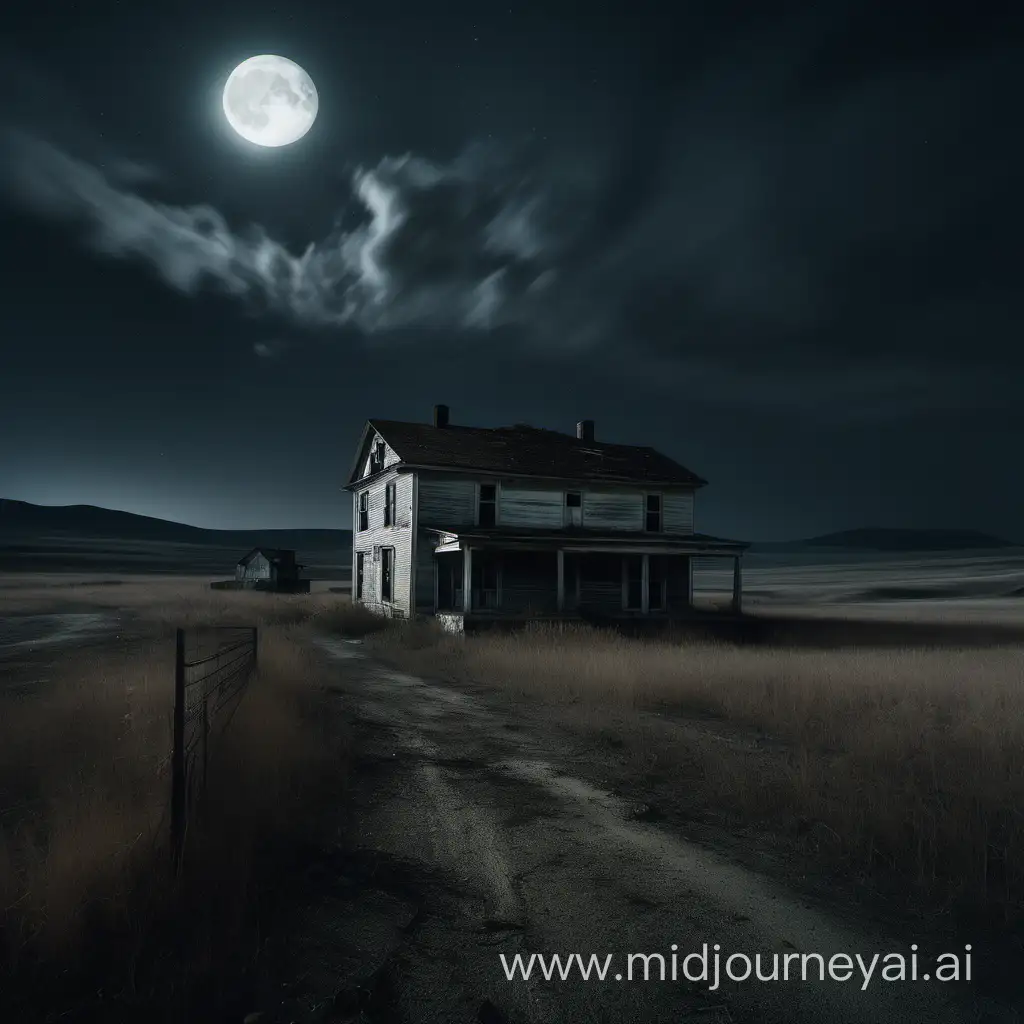 abandonded 2 story farmhouse in a valley with a dirt driveway, moonlit cloudy night on a prairie