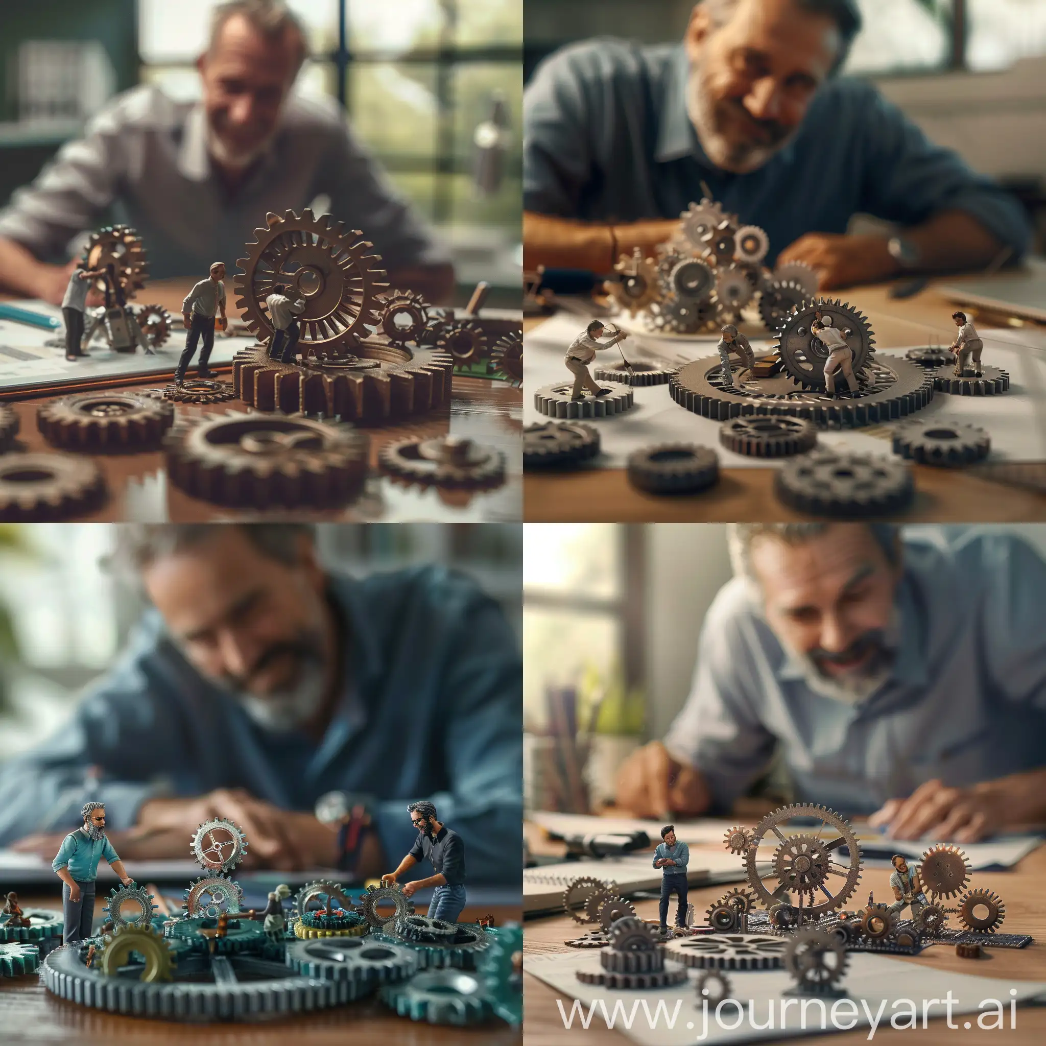Photorealistic daylight image of a miniature business team working to build a system of cogs and gears on the desk of a corporate manager. In the background, the manager is watching, smiling, and leaning in over the miniature team.