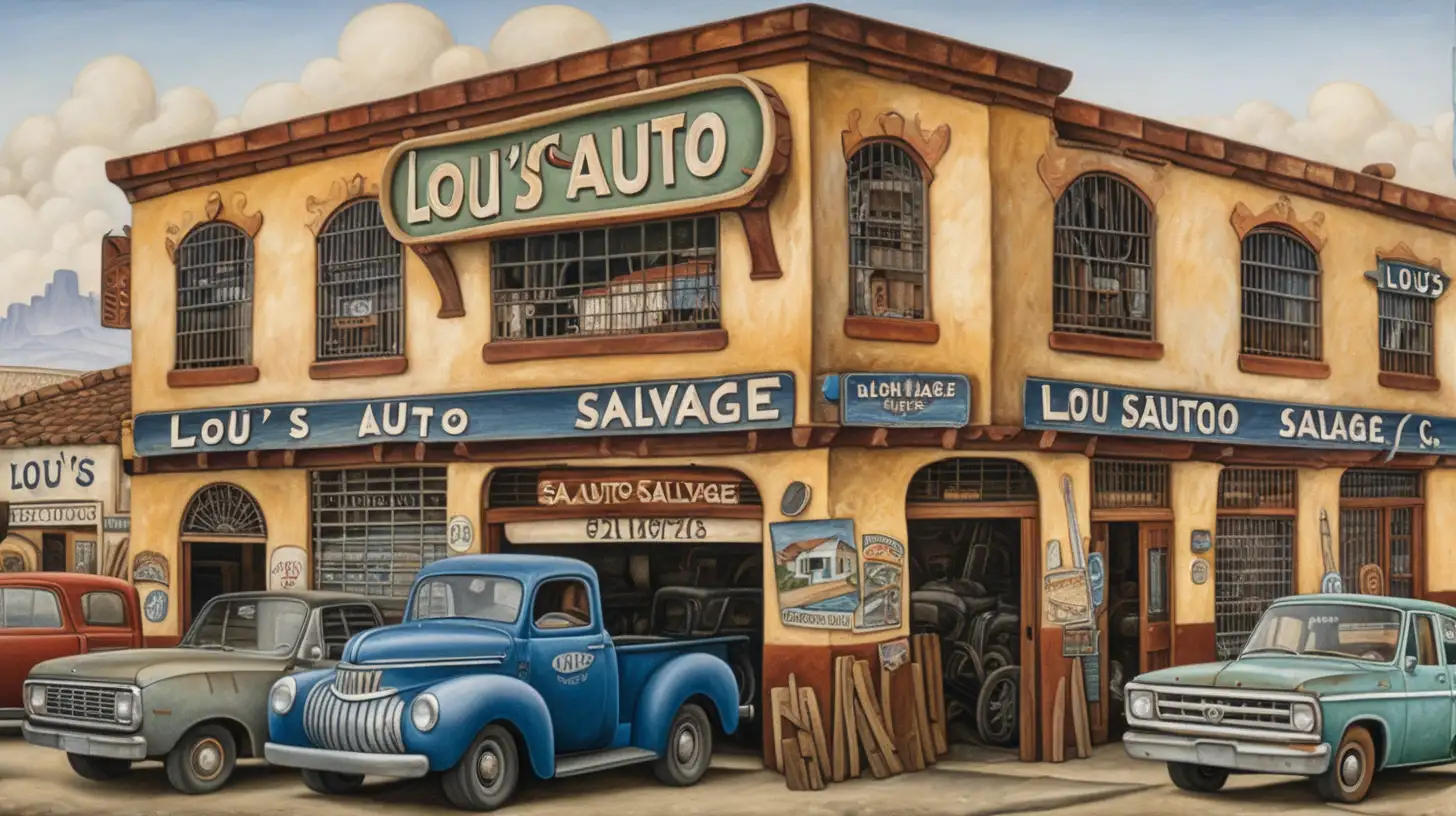 In Diego Rivera painting style, a building with the name "Lou's Auto Salvage"