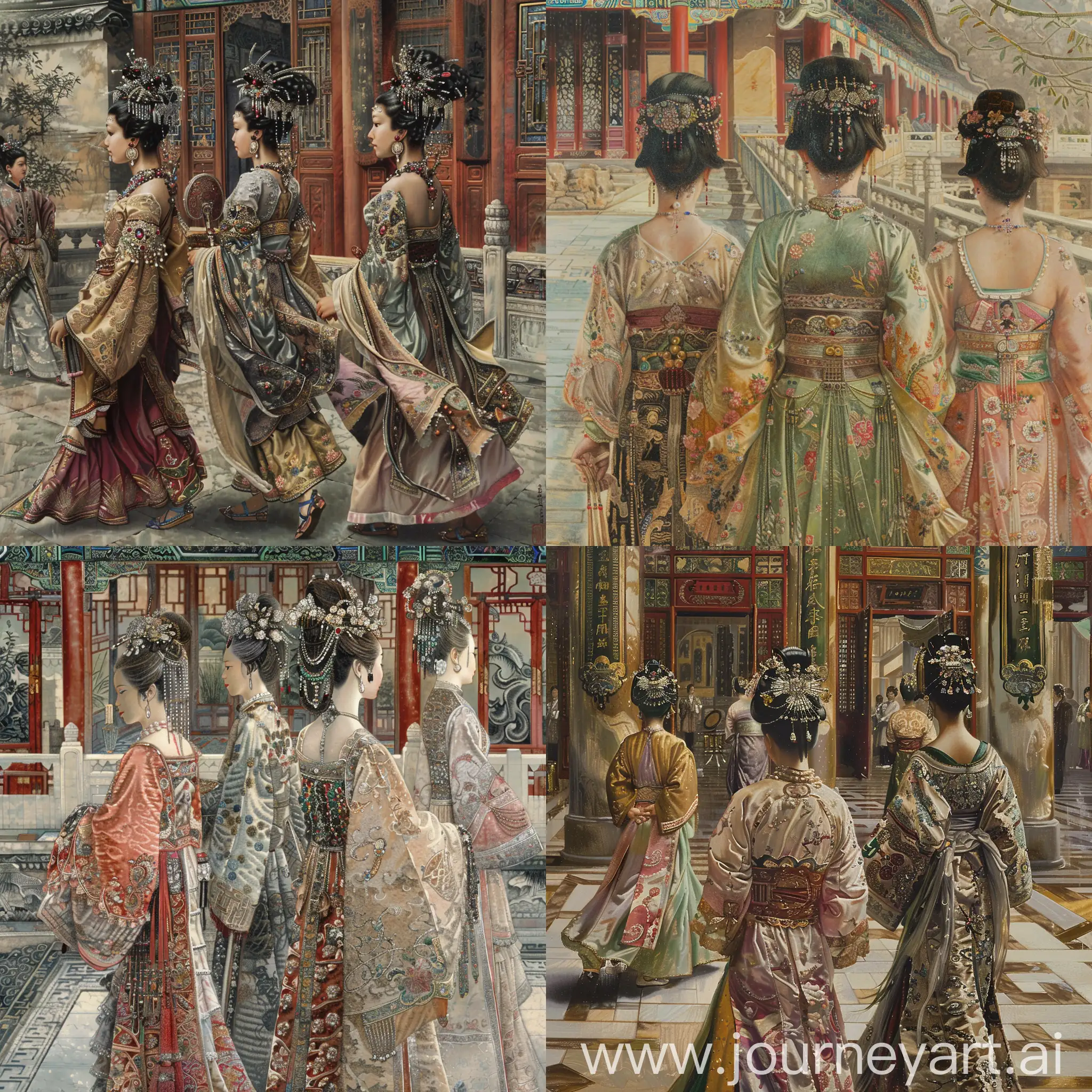 Luxurious-Empress-Dowager-Cixi-Assisted-by-Maids-in-Magnificent-Painting