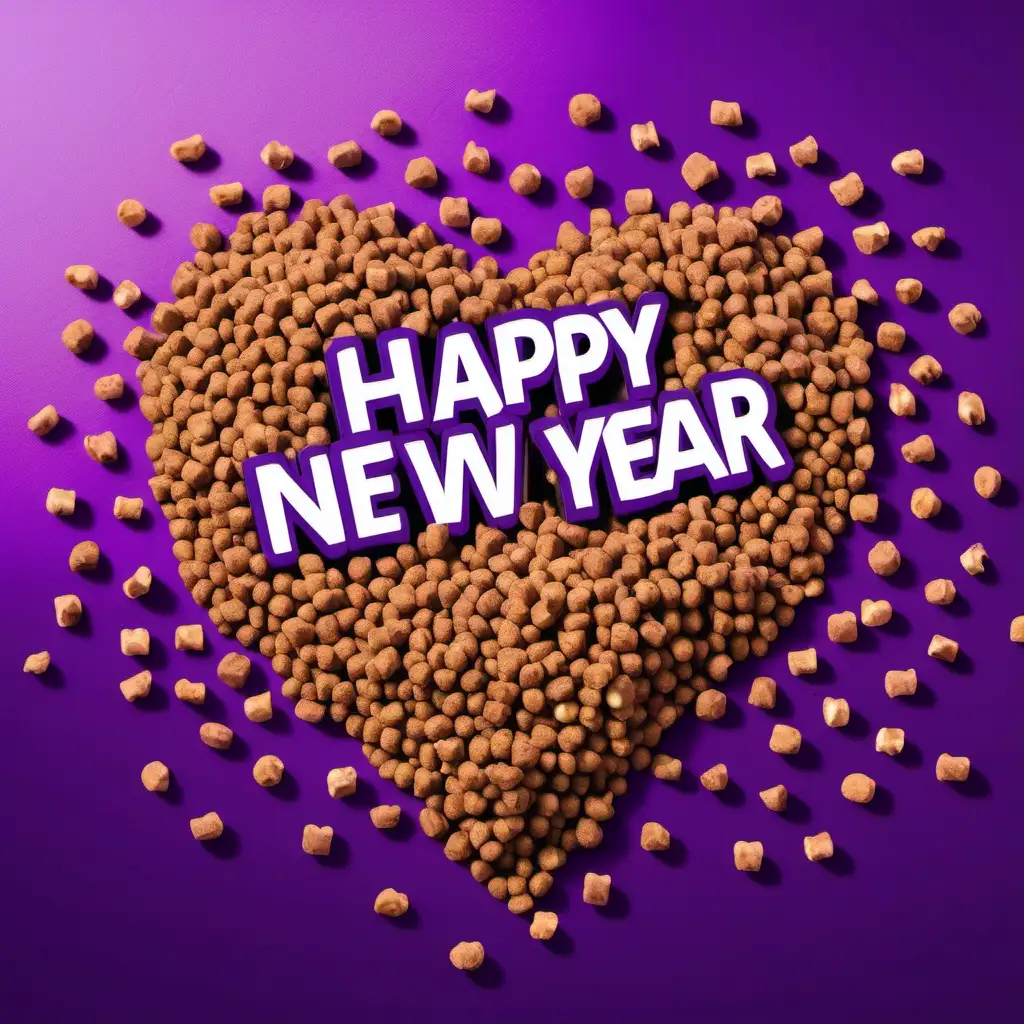 create a happy new year picture with dog food kibble falling on a purple background
