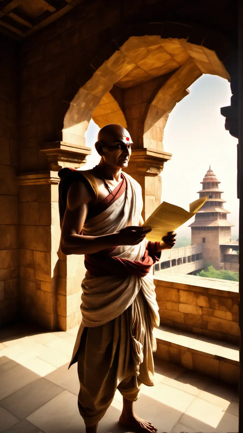 Generate an image of Chanakya from the ancient times, holding a document in his hand inside a castle. Sunlight directing towards him from the window.
