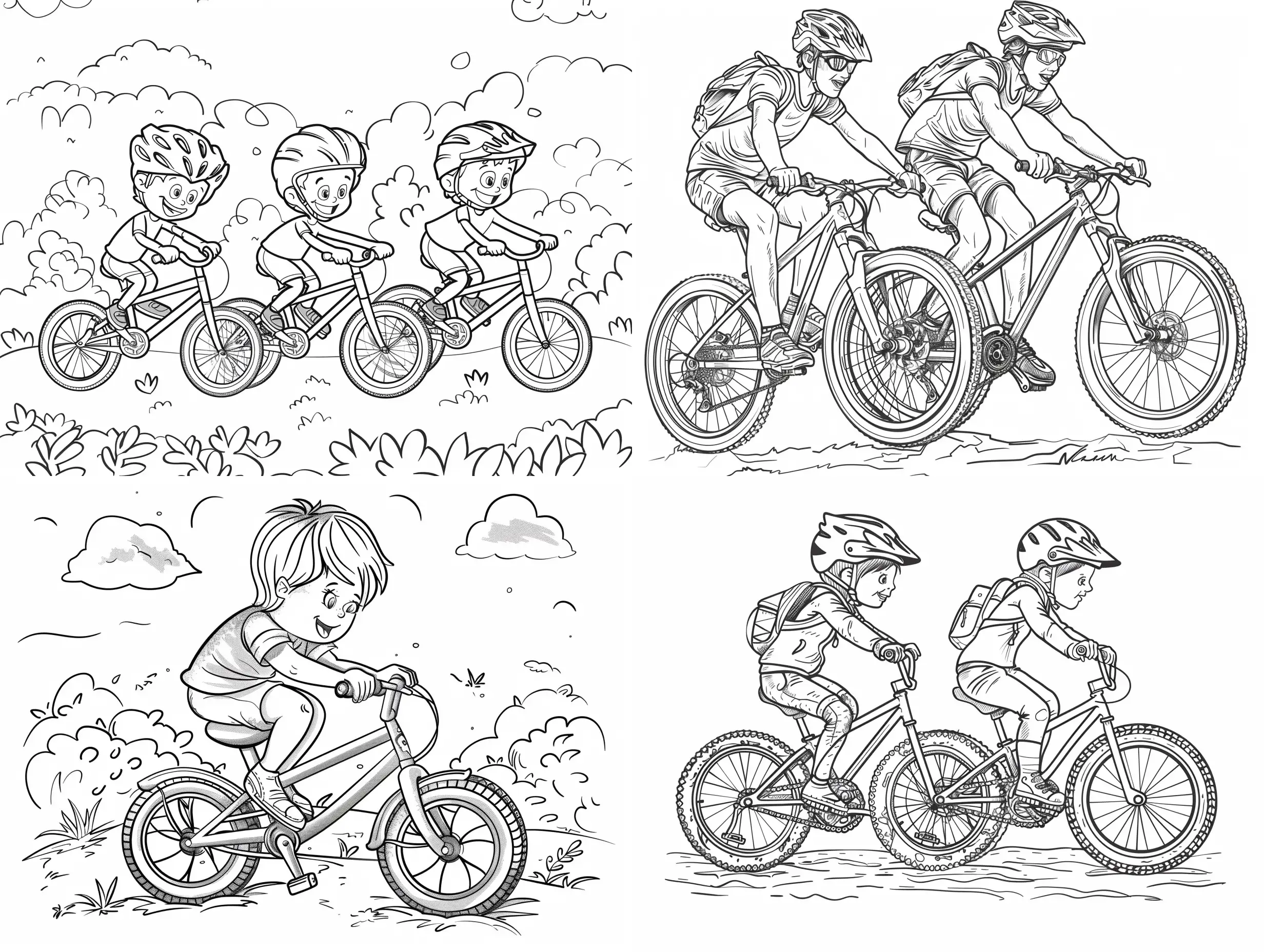 coloring page for kids, detailed, simply cartoon style, isolated, funny, bike race