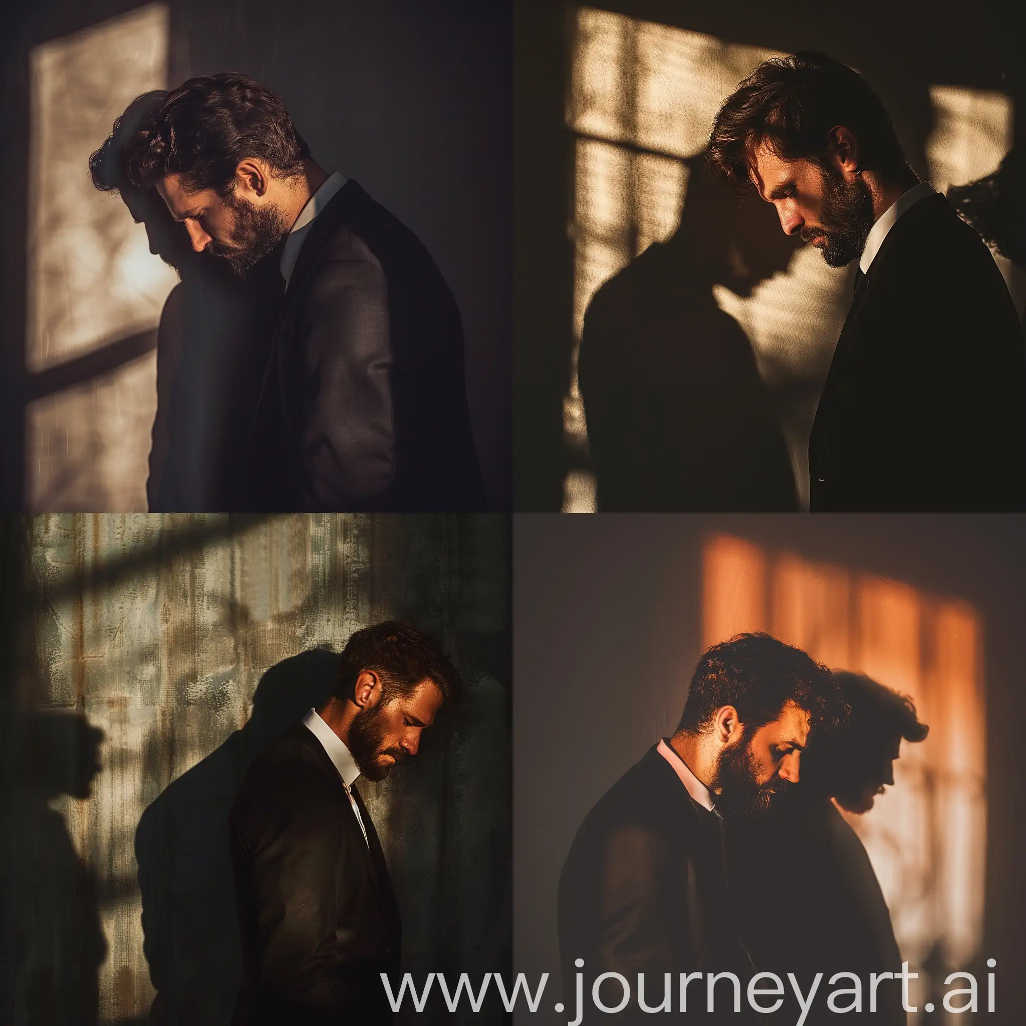 A Man with a Beard with his Head Down Standing Next to the Wall in Dark Place, The Light Shines on the Man And the Shadow of the Man on the Wall, Formal Outfit, Cinematic Photography Style, Natural Shadow, Natural Color Details, Extremely Details, High Quality --v 6.0