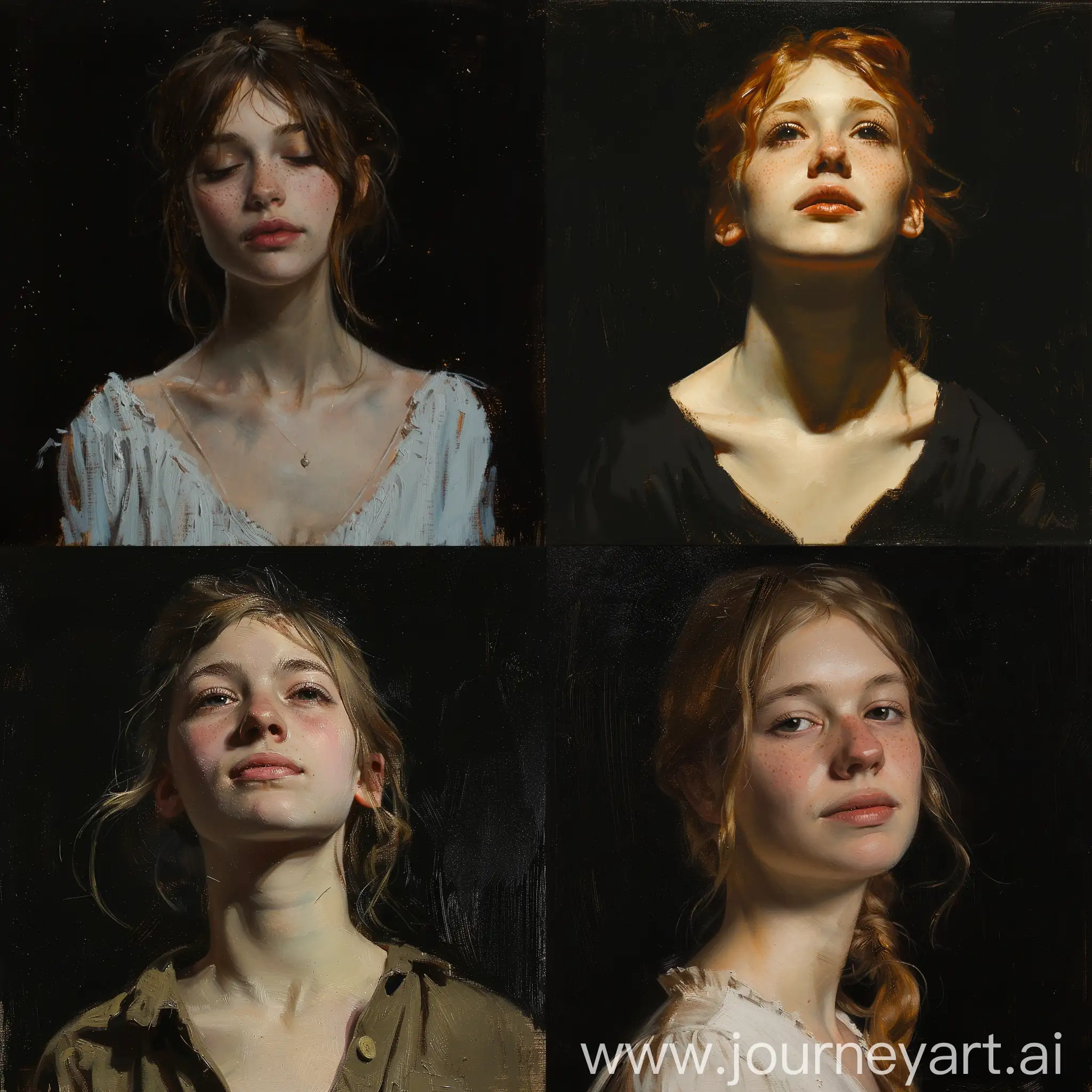 Detailed-Realism-Oil-Sketch-of-a-Young-Woman-on-Black-Background