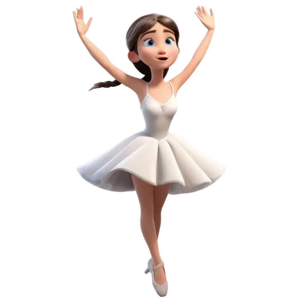 a beautiuful cute ballerina with big blue eyes jumping up white dress in the style of Walt Disney Animation Studios 3d