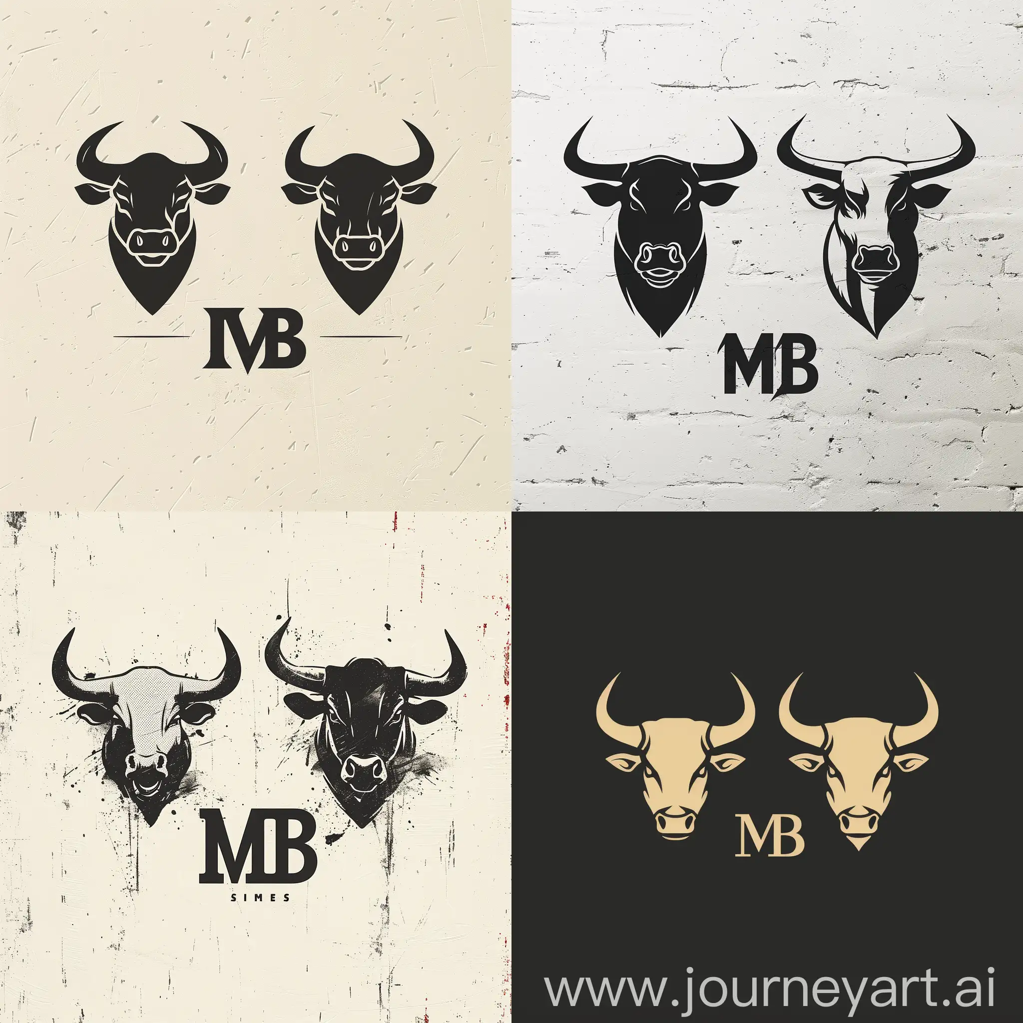 логотип "MB", двух абстрактных быков, первый бык изображен с открытым ртом выражающим агрессию, второй бык с закрытыми рогами выражающим стойкость и силу, --s 300