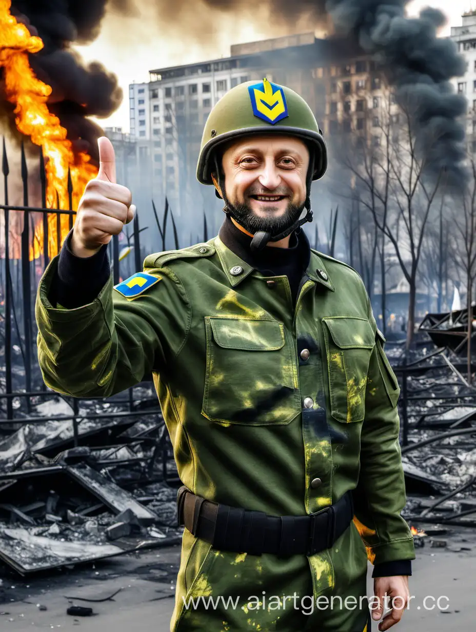 Ukrainian-President-Zelensky-Inspires-Amidst-Crisis-ThumbsUp-in-Military-Uniform-at-Burning-Maidan
