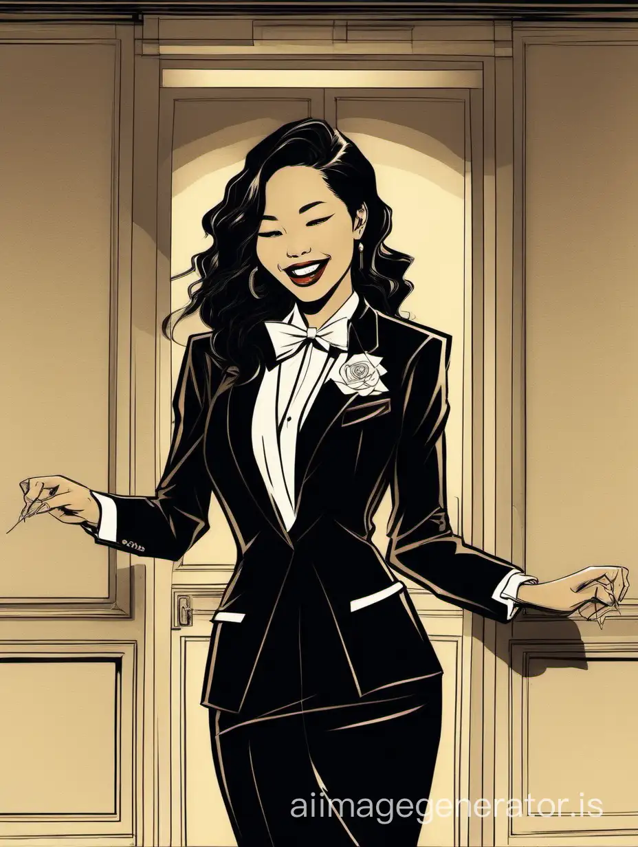 The scene is a dimly lit room in a wealthy mansion. A beautiful smiling and laughing Vietnamese woman with tan skin, long black hair, and lipstick, mid-twenties of age, is standing in the corner of a room. She is wearing a tuxedo with a black jacket.  The jacket has a corsage. Her shirt is white with double french cuffs and a wing collar.  Her bowtie is black.   Her cufflinks are large and black.  
