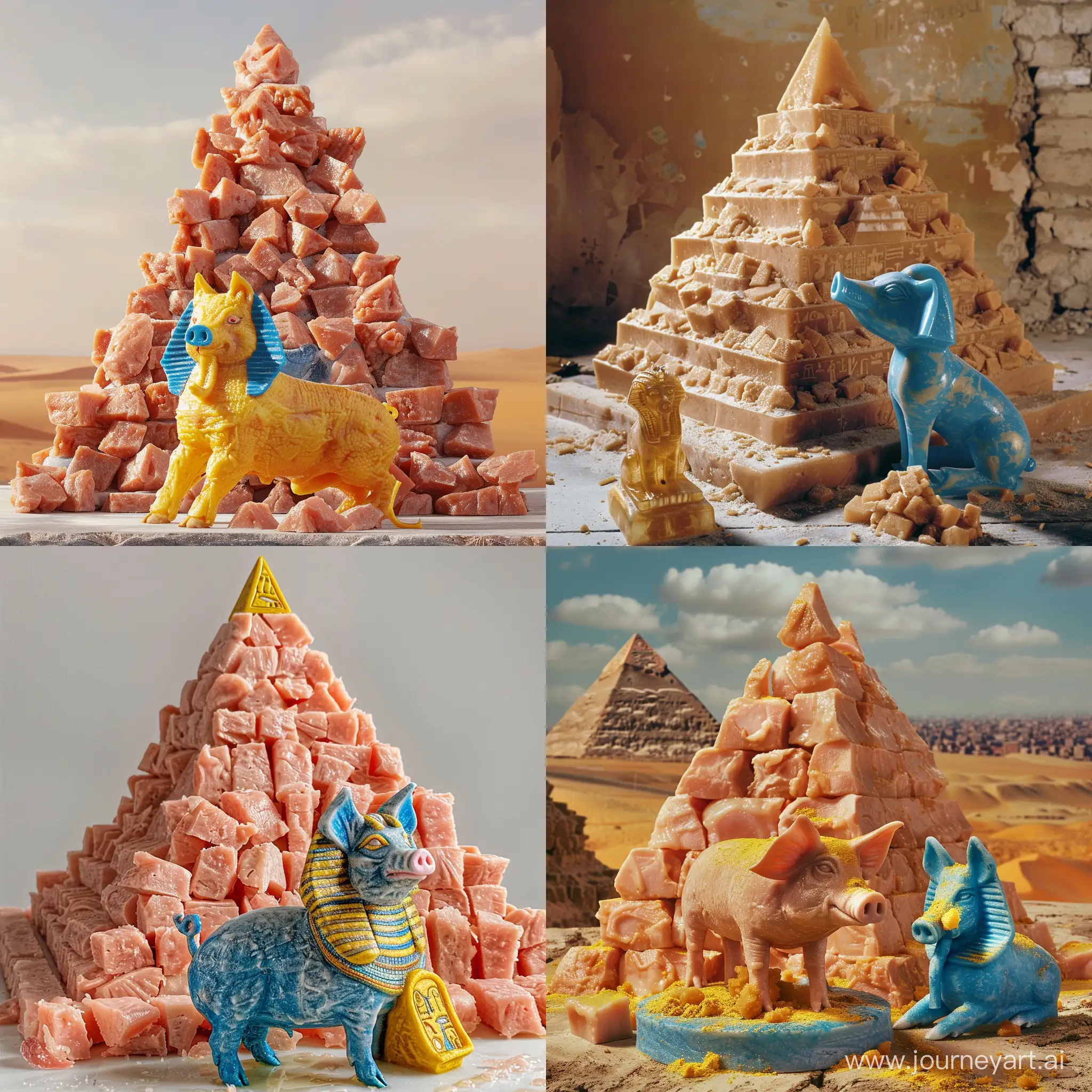 пирамида хефрена из кусков сала, рядом стоит сине желтый  сфинкс в форме свиньи