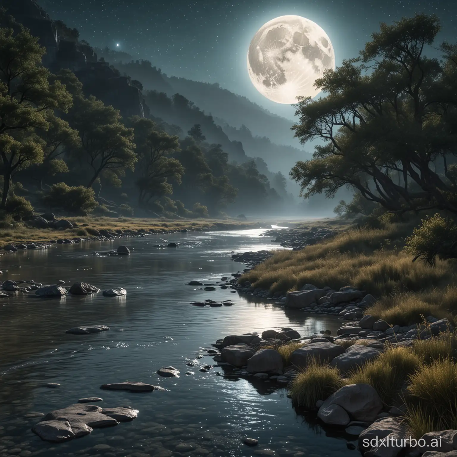 A shimmering river dances beneath the ancient moon.