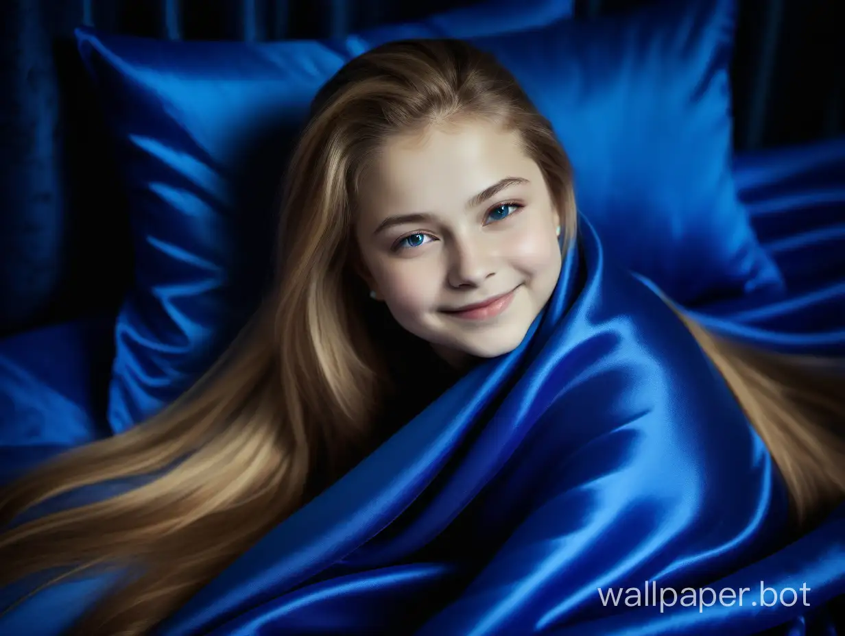 Yulia Lipnitskaya with long straight silky hair Smiling Under Luxury royal blue Silk Pillow and Blanket