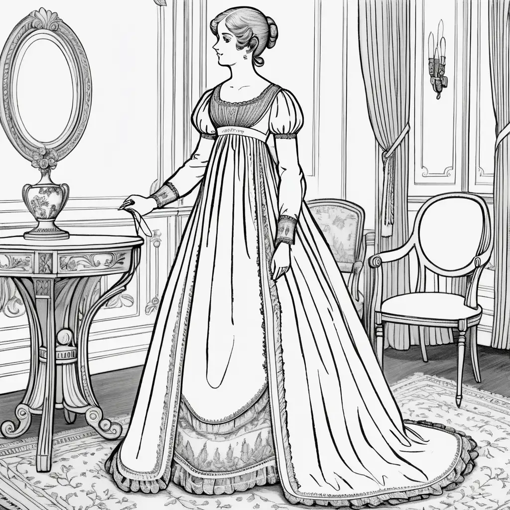 Coloring page with white interior with A Regency-era gown with a high waistline, empire silhouette, and delicate embroidery, capturing the elegance of the early 1800s.