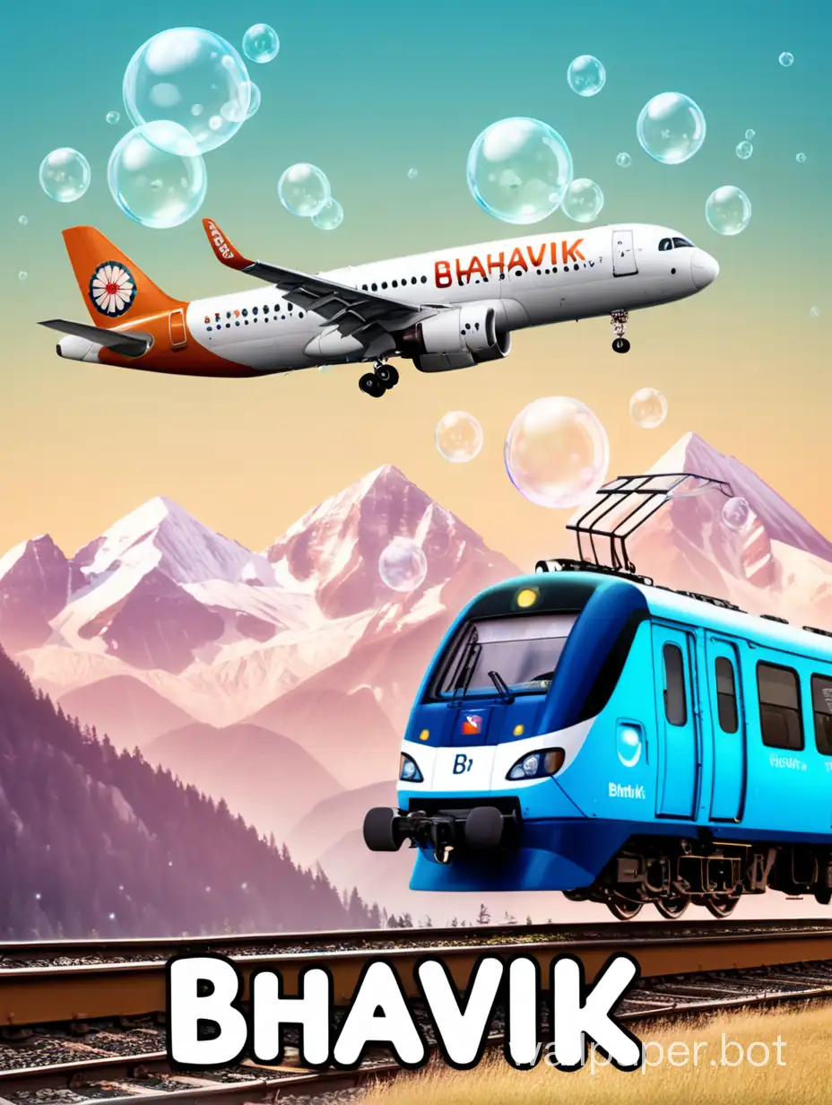 Text Effect on name " Bhavik " include this name. 
Background : Mountains , Bubbles, Train, airplane