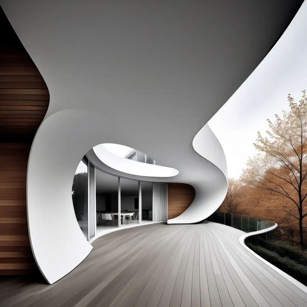 One level front facade on a white color with curved flooring gently becoming a balcony and a wood ceiling gently becoming the the background curved wall such as Zaha Hadid curves