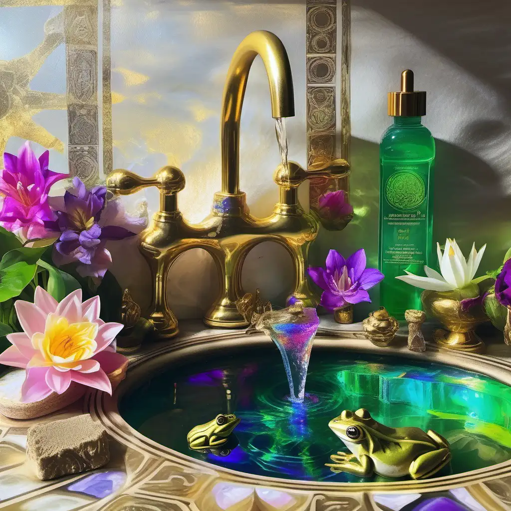 Renaissance painting with 2 billionaire frog swimming in the pond sink. fountain of youth, dripping gold liquid abundance. Crystal soap on the side with green neon purple soap. cubes, purple perfect crystal cubes, crystal lily pads, and lotus flowers and flower cubes. Sunny love rays sacred geometry  glares